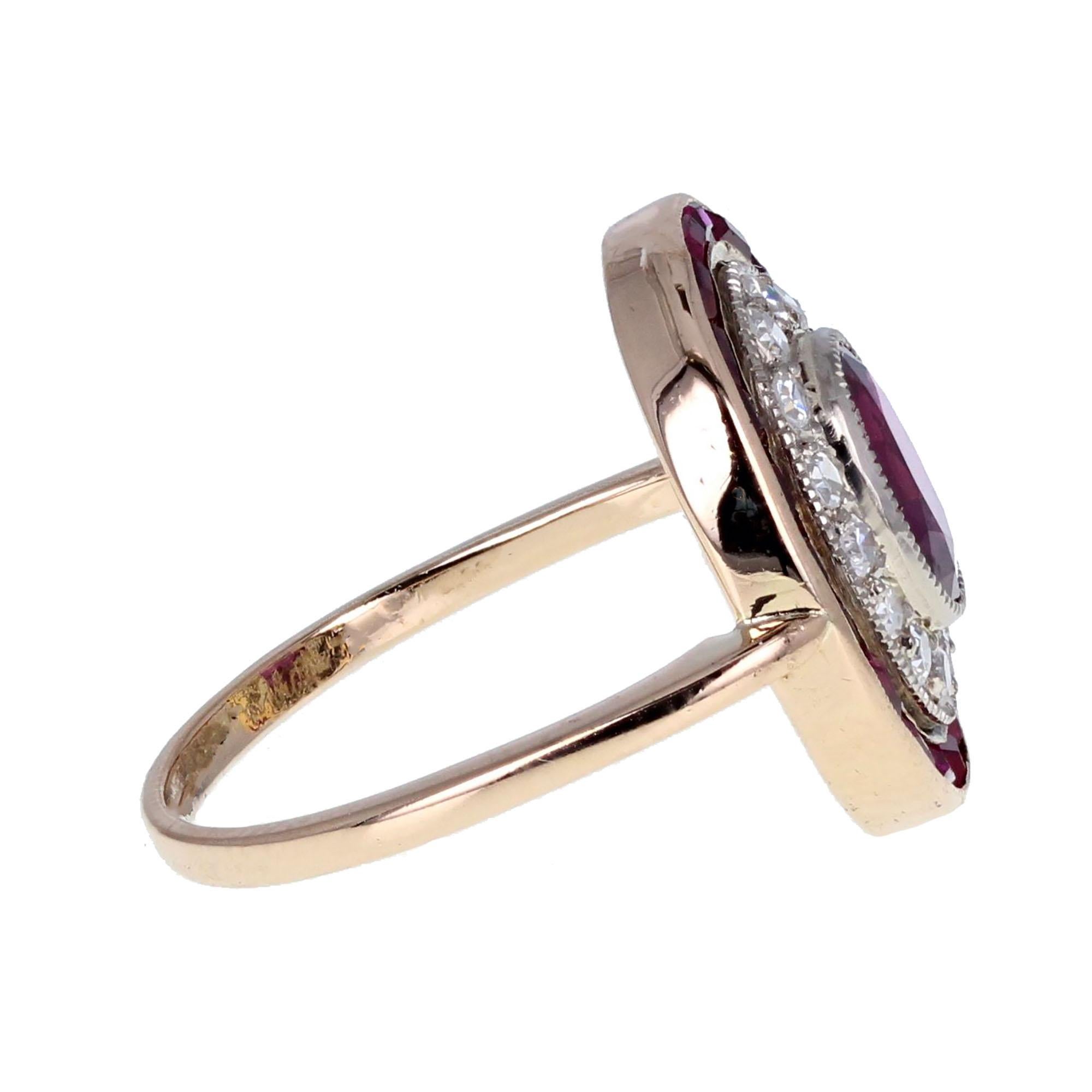 Oval Cut 1920s 18 Carat Rose Gold Platinum Ruby Diamond Cluster Ring For Sale