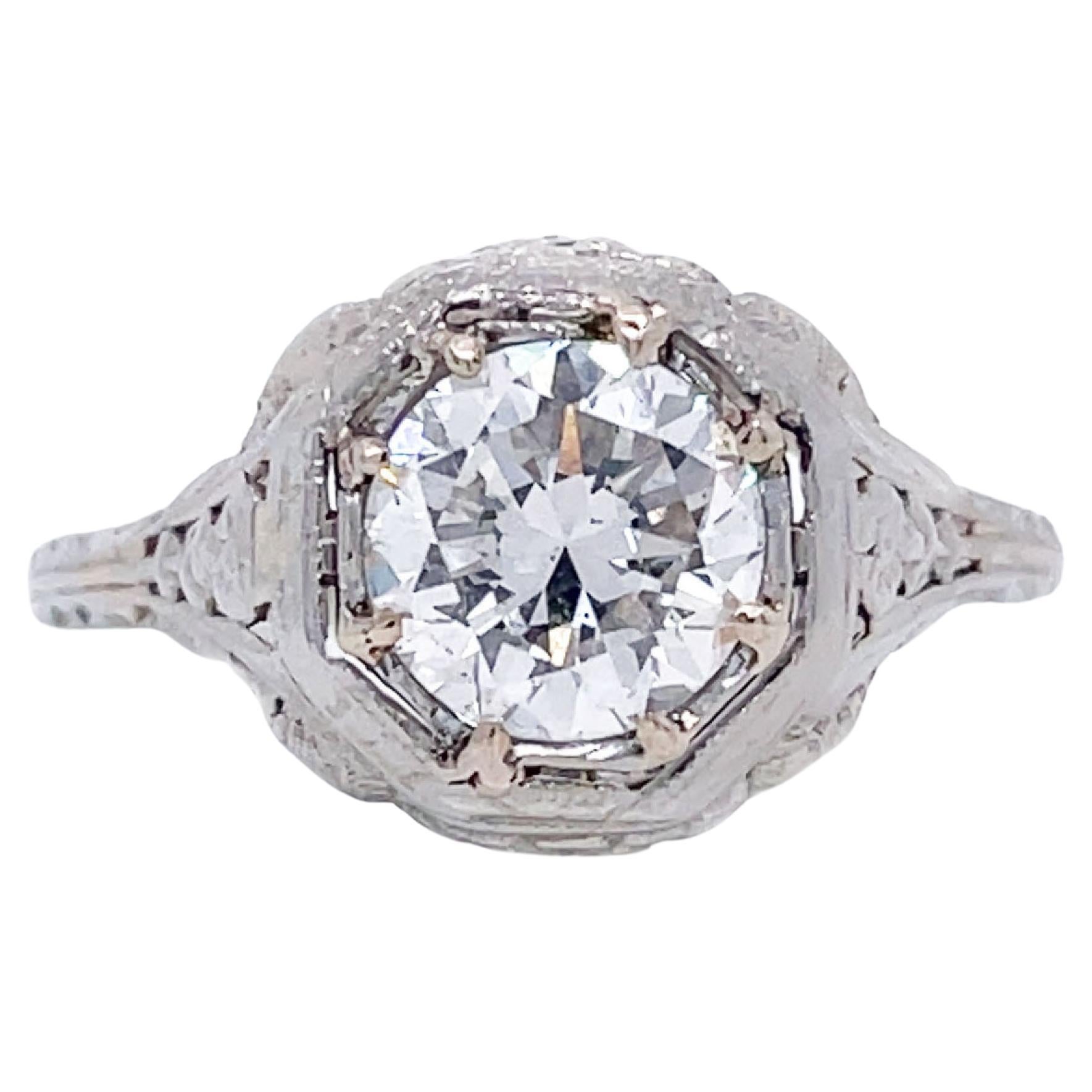 1920s 18K White Gold Filigree Diamond Love Bird Ring with GIA Report For Sale