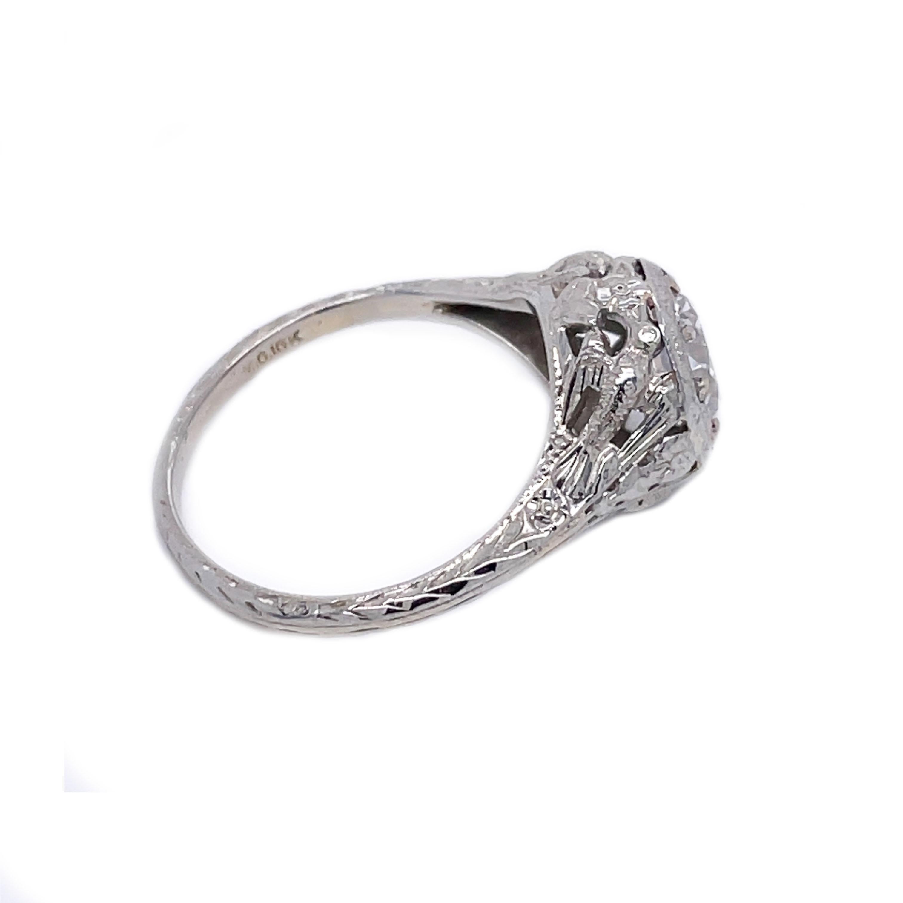 1920s 18K White Gold Filigree Diamond Love Bird Ring with GIA Report For Sale 4