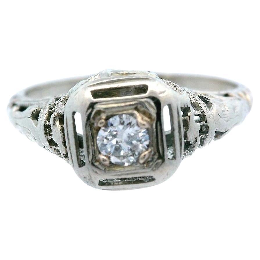 1920s 18K White Gold Filigree Diamond Ring