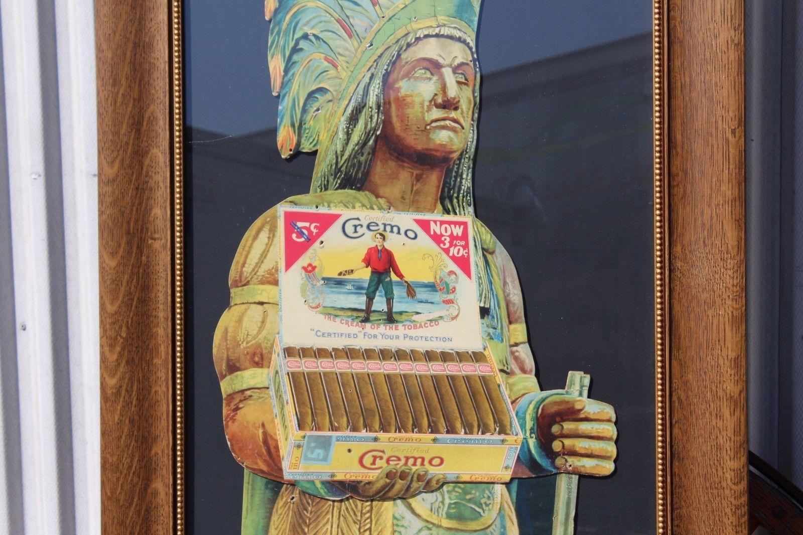 1920s-1930s Cremo Cigar Native American Framed Cardboard Ad In Fair Condition For Sale In Orange, CA
