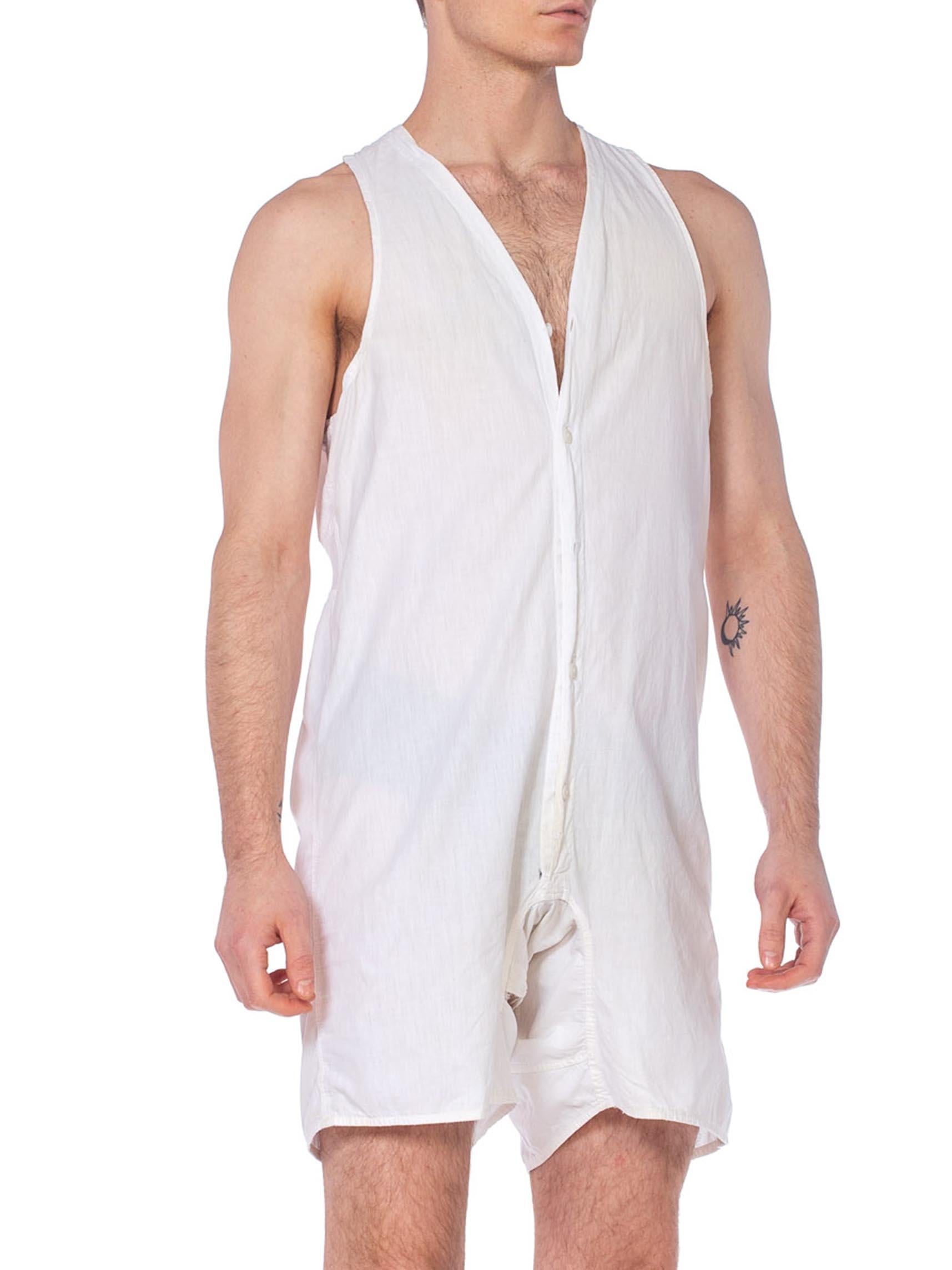 1920S White Organic Cotton Men's One Piece Union Suit Underwear / Pajamas 4