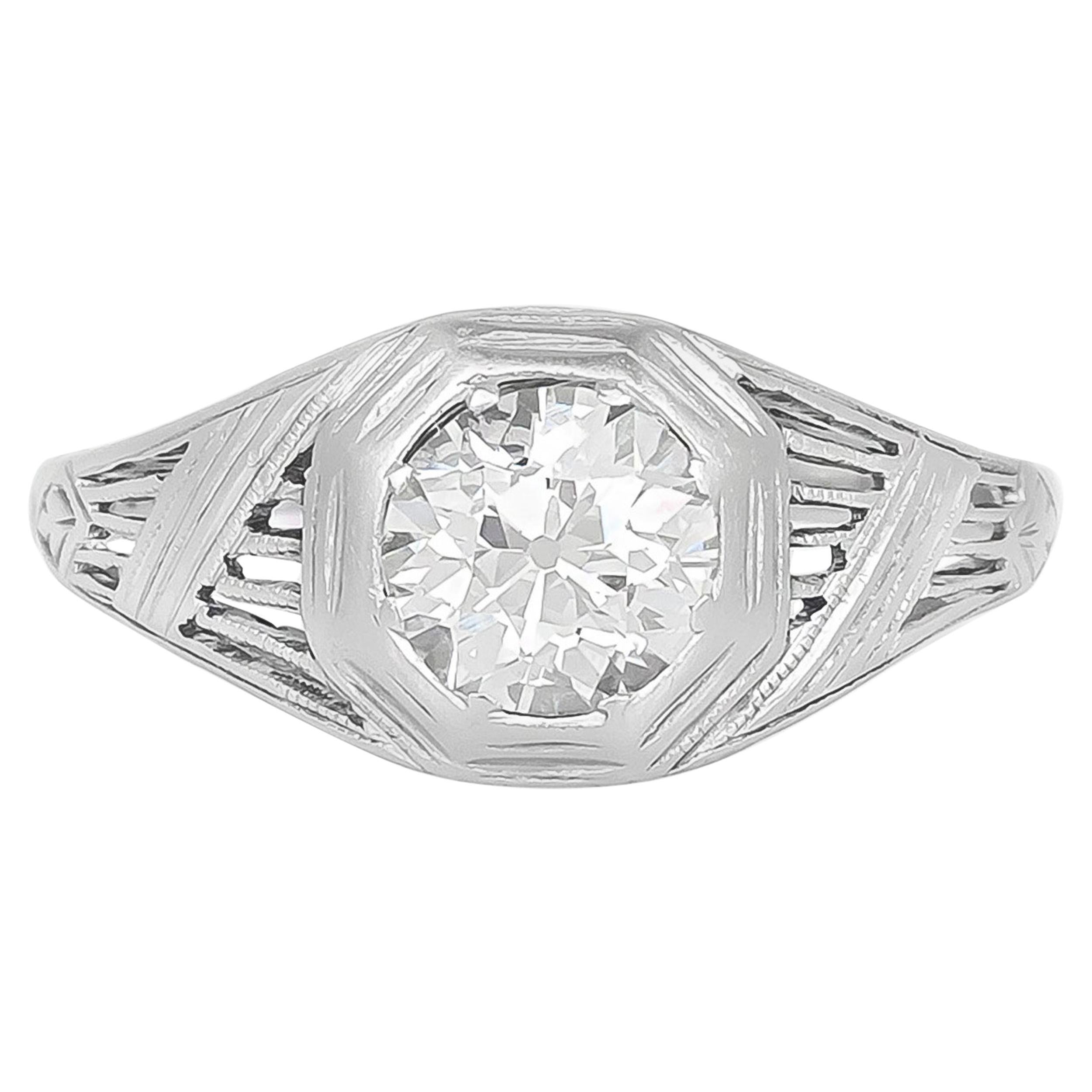 1920s-1930s Platinum Engagement Ring with 1.00 Carat Diamond For Sale