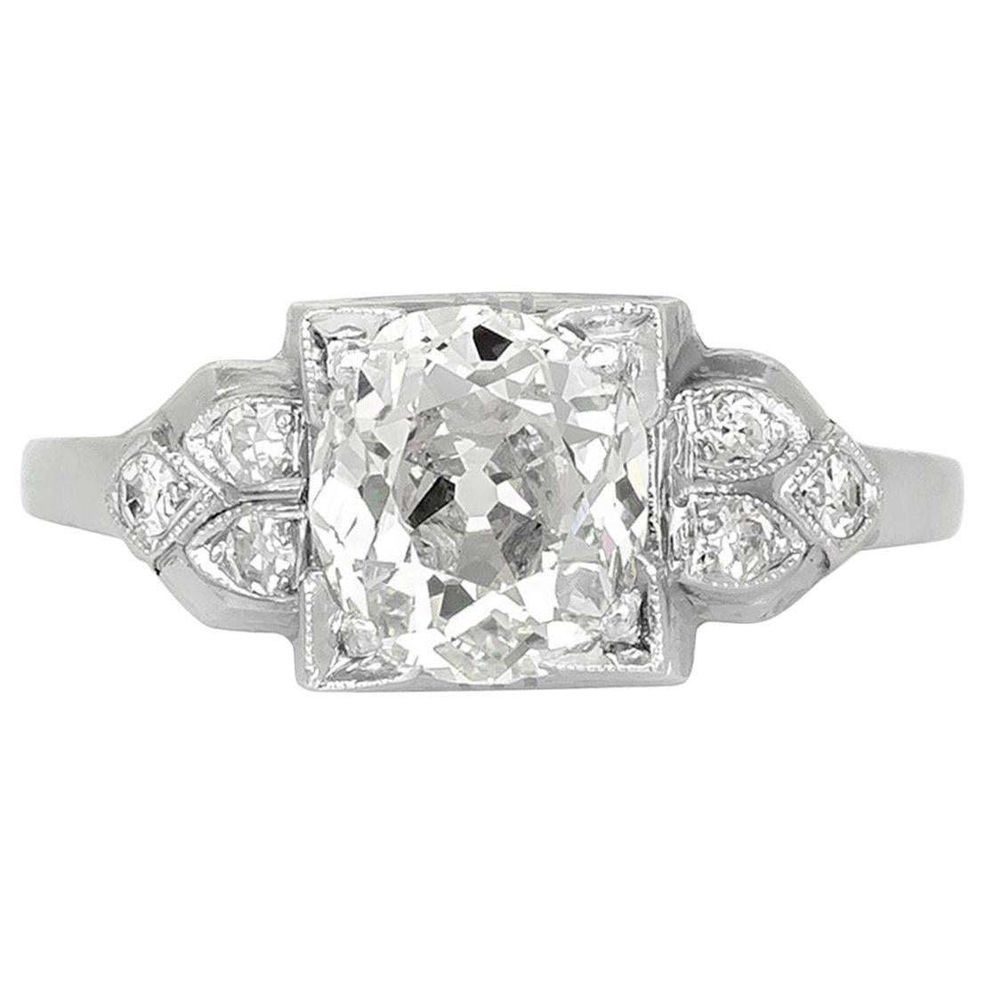 1920s-1930s Platinum Engagement Ring with 1.74 Carat Round Diamond For Sale