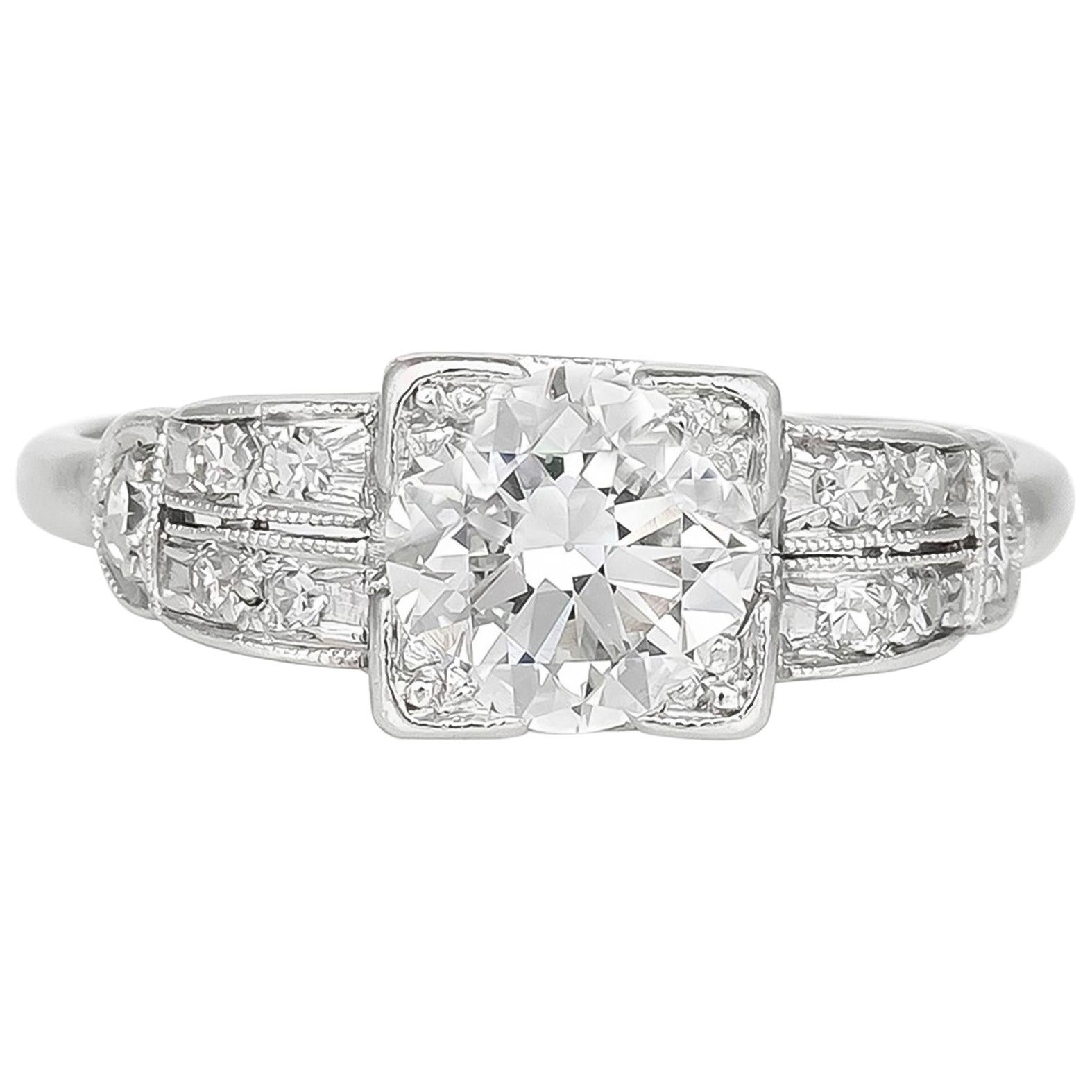 1920s-1930s Platinum Filigree 1.10 Carat Center Diamond Engagement Ring For Sale