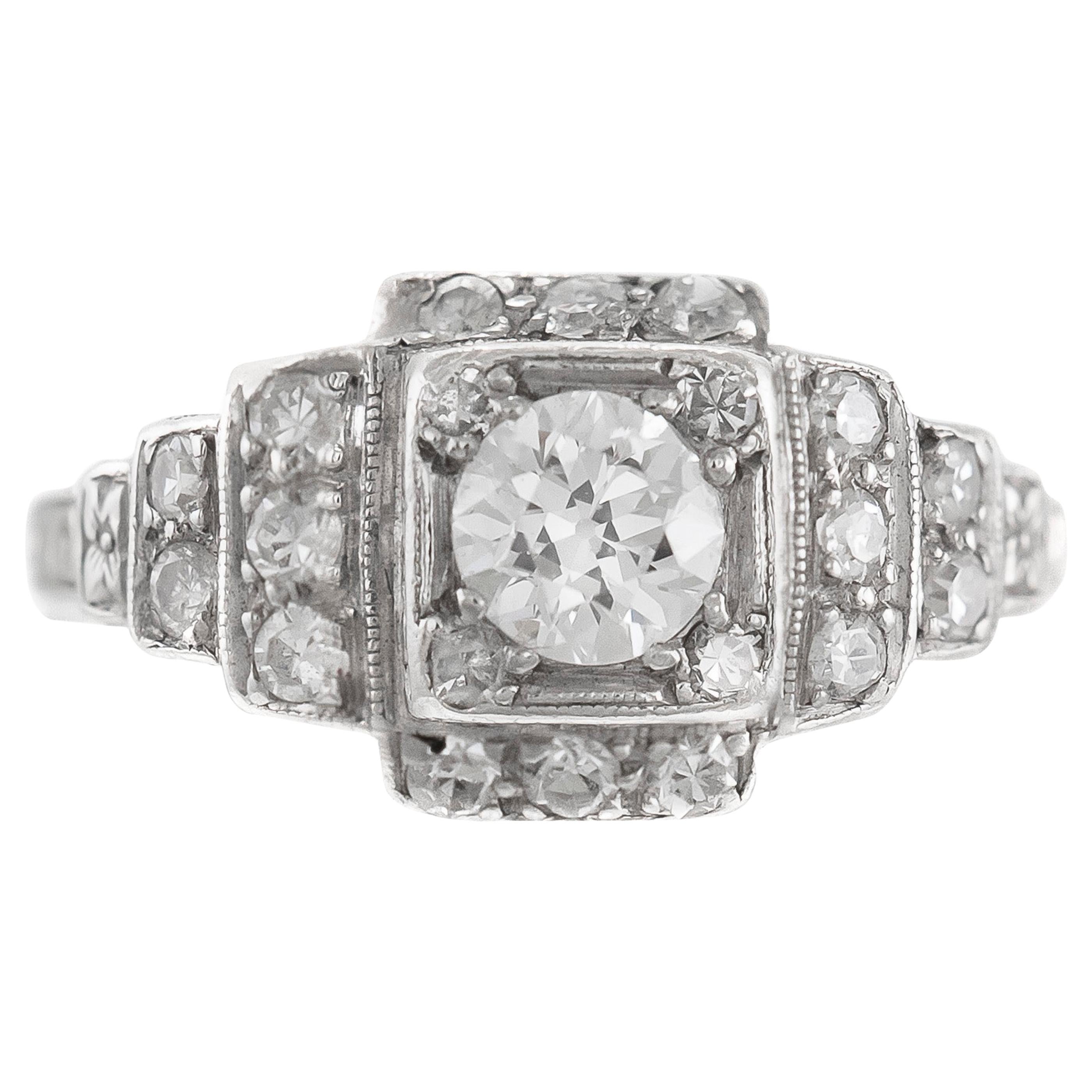 1920s-1930s Platinum with 0.75 Center Diamond Carat Engagement Ring For Sale