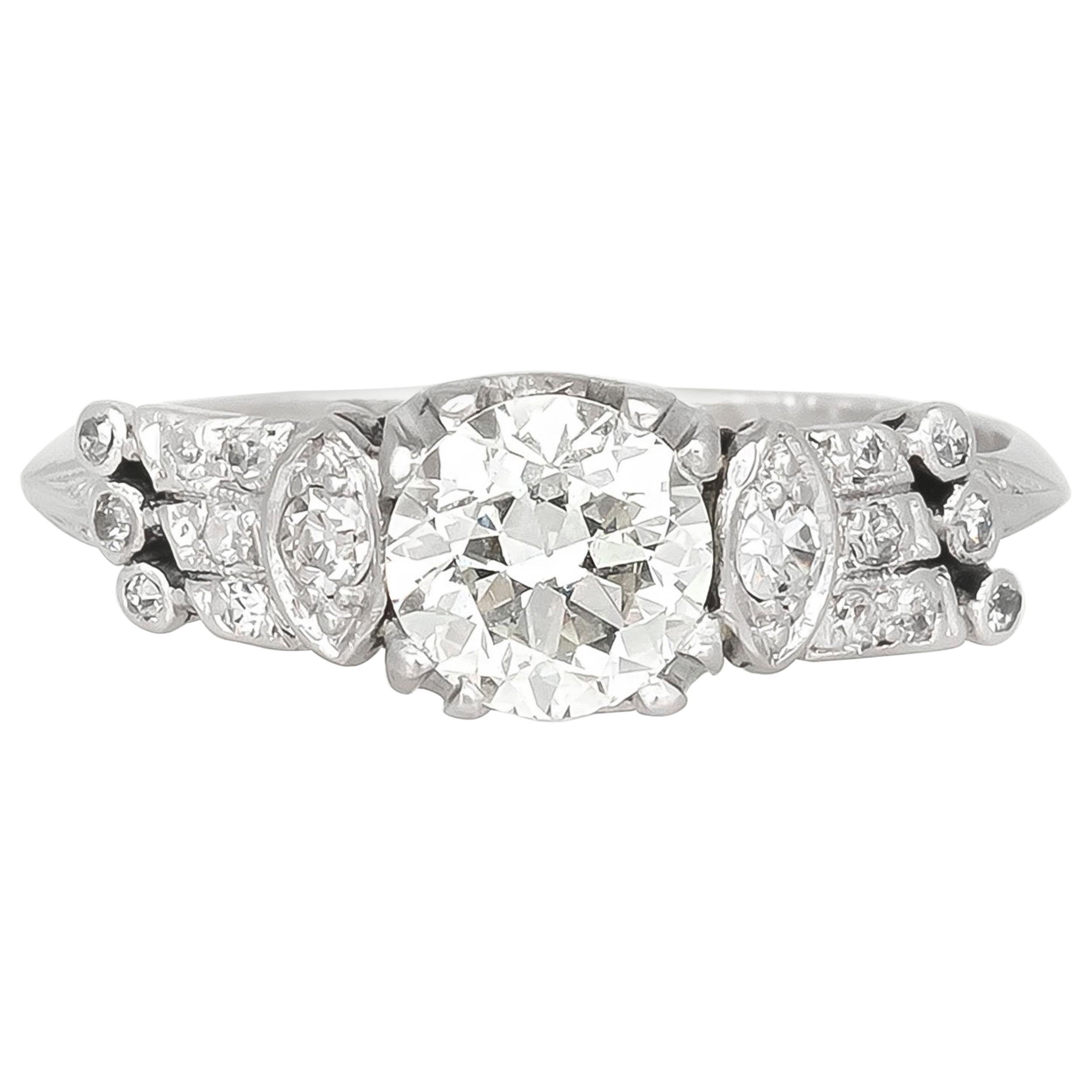 1920s-1930s Platinum with 1.00 Carat Round Engagement Ring For Sale