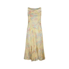 1920s 1930s Yellow Silk Chiffon Floral Tea Dress