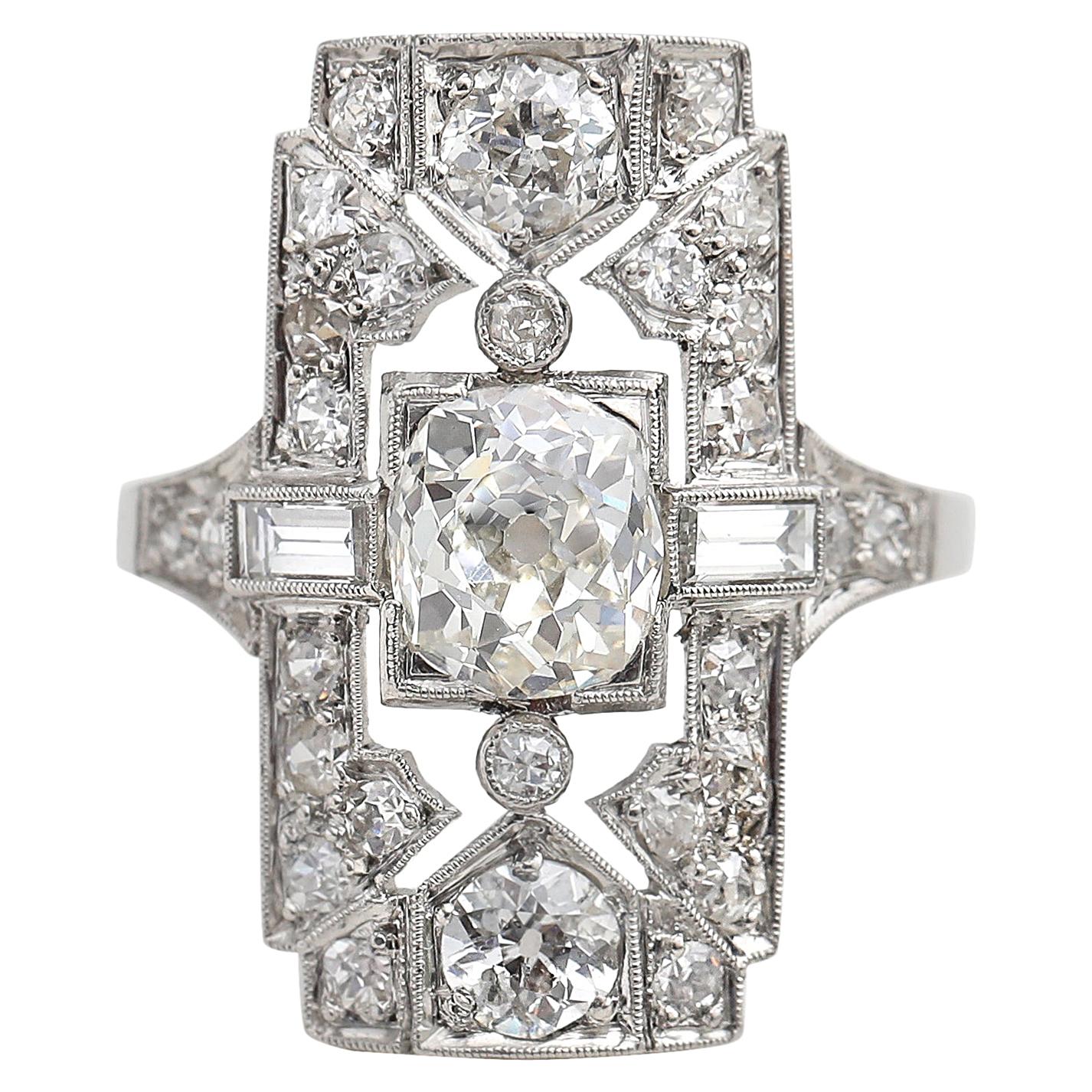 1920s 2.40 Carat Total Diamond Engagement Shield Ring in Platinum