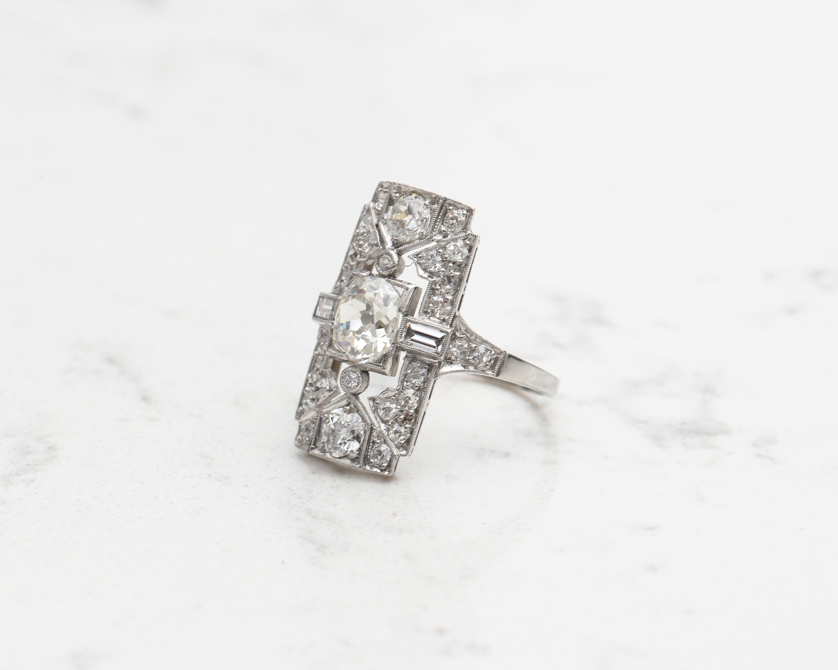 Art Deco 1920s 2.40 Carat Total Diamond Engagement Shield Ring in Platinum