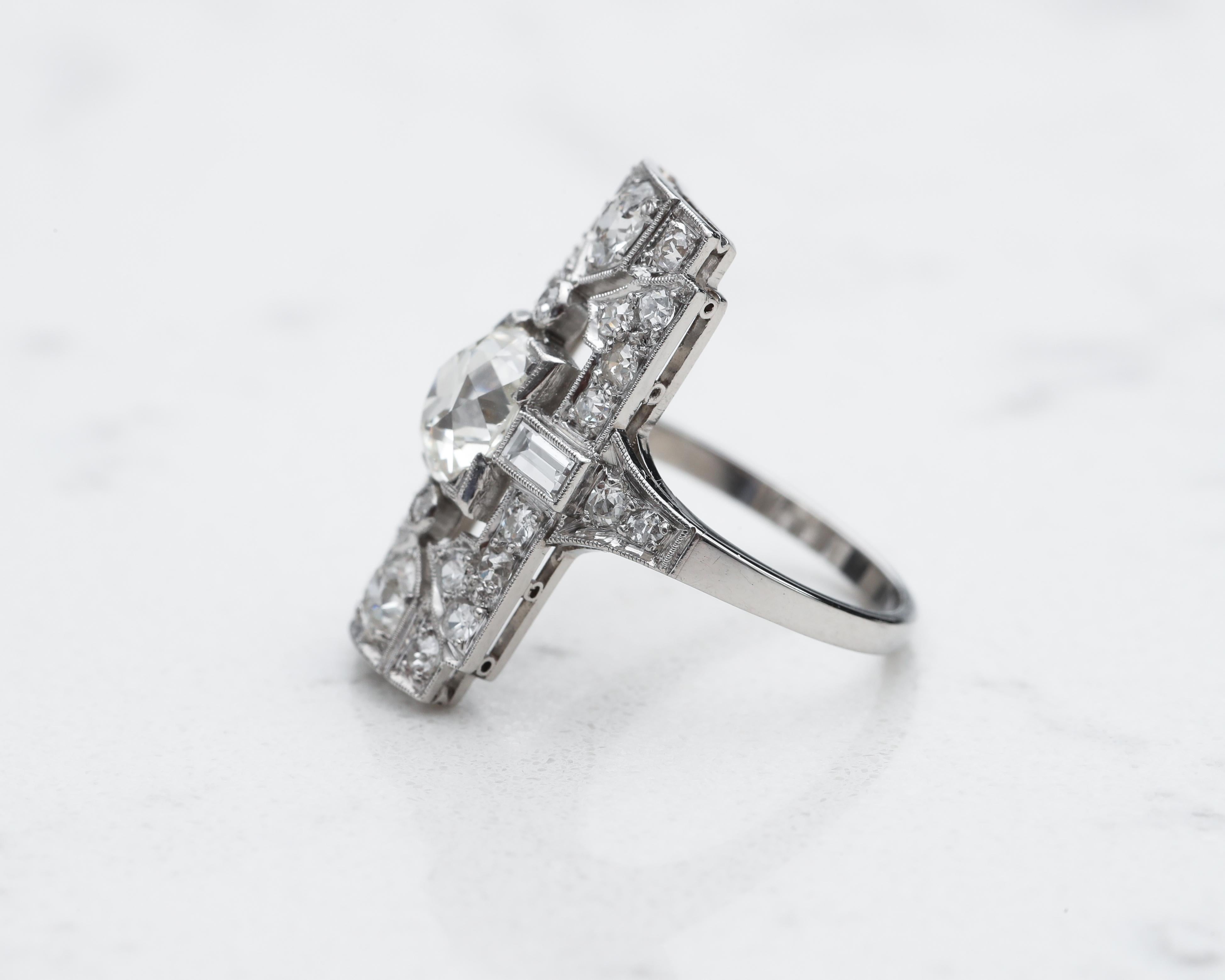 1920s 2.40 Carat Total Diamond Engagement Shield Ring in Platinum 1
