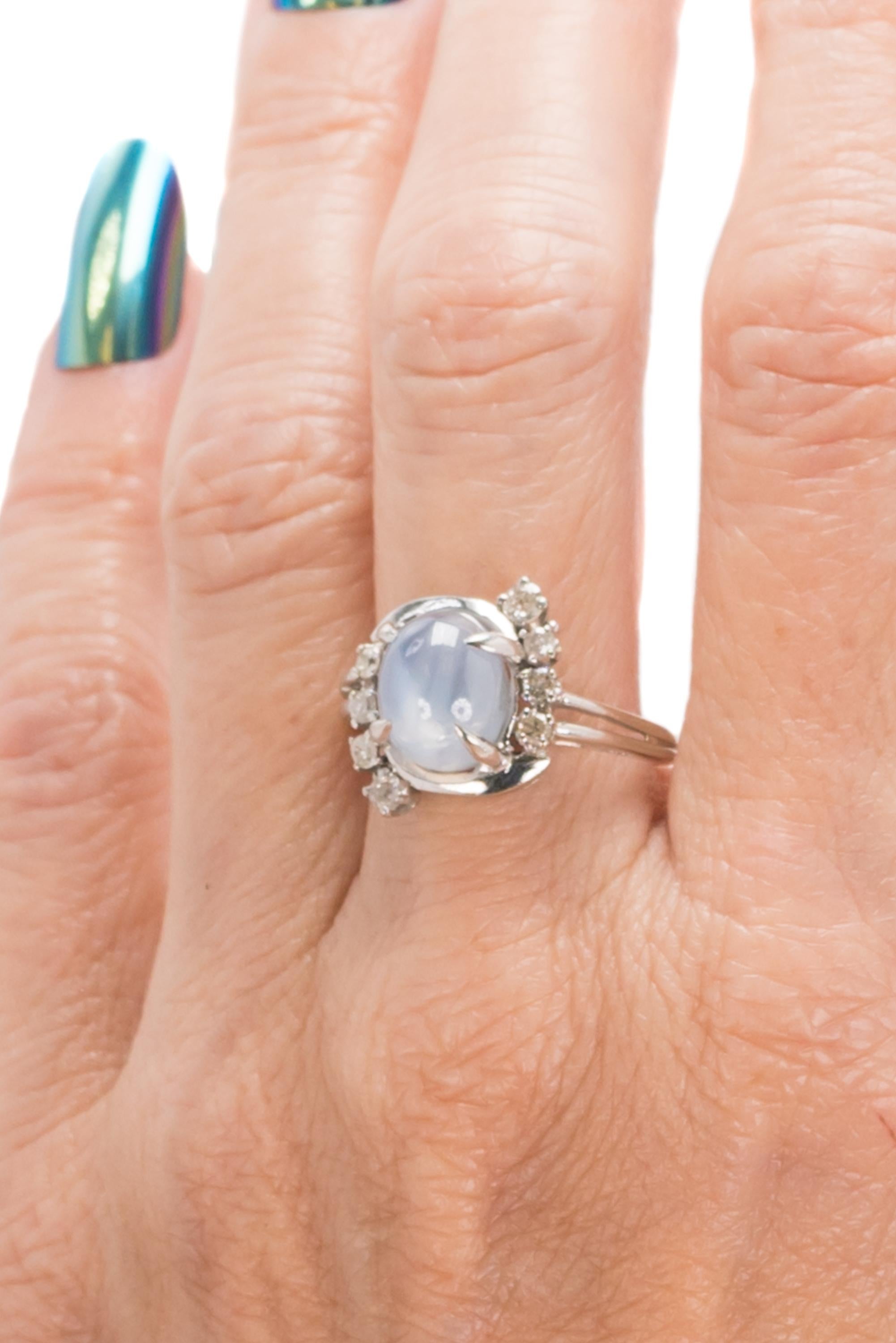 1920s 3 Carat Star Sapphire and 0.25 Carat Diamond 14 Karat White Gold Ring 3