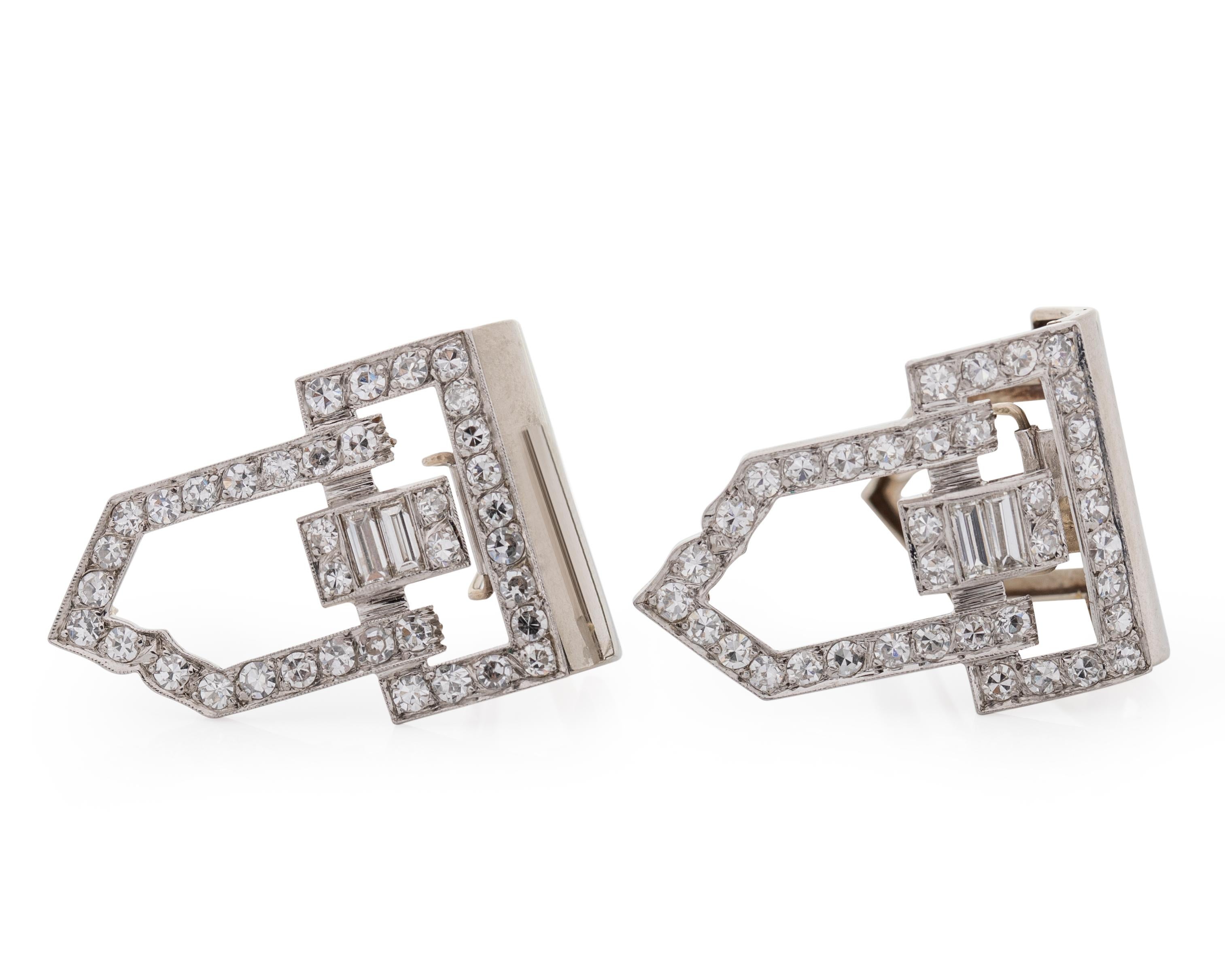 Diamond Details:
Cut: Baguettes & Rounds
Carat: 3 Carat Total
Color: G
Clarity: VS

Clip Details:
Metal type: Platinum
Weight: 12.58 grams
Measures: 1 1/4 inch length x width 

These are fur clips from the 1920s, Art Deco. The diamonds are