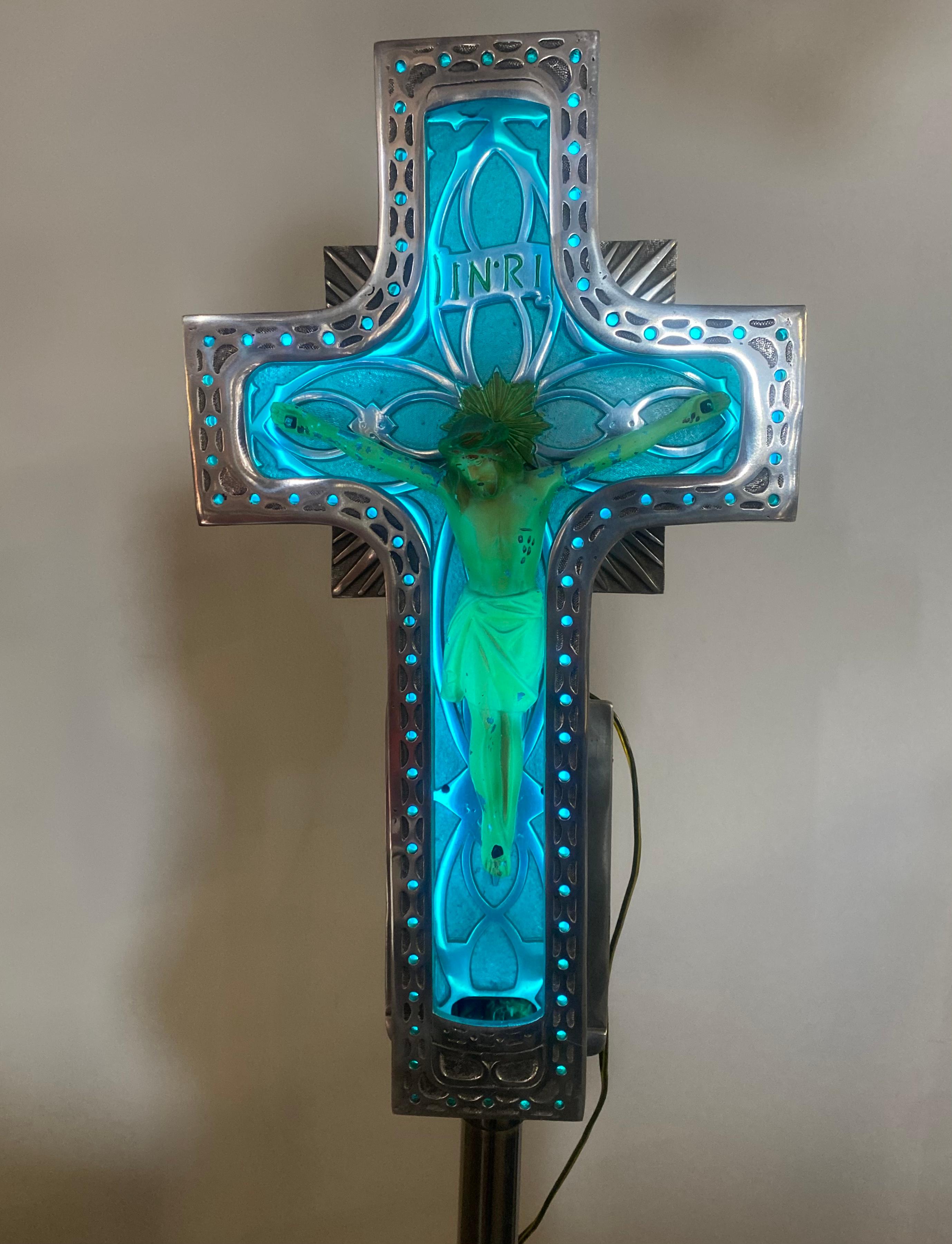 Metal 1920s /30s Art Deco Cast Aluminum and Neon Crucifix