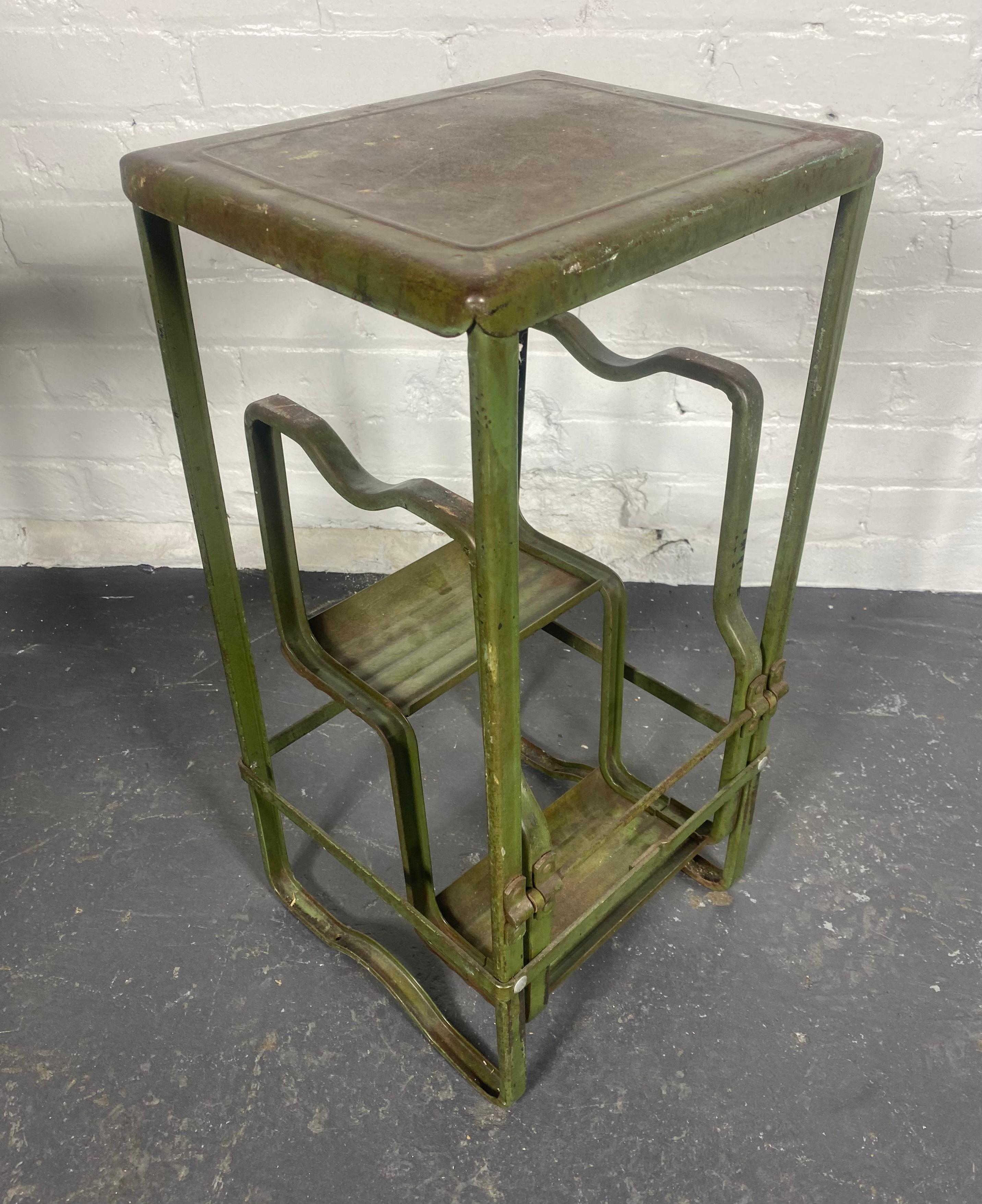 American 1920s -30s Industrial Pressed steel step stool, wonderful patina , great design For Sale