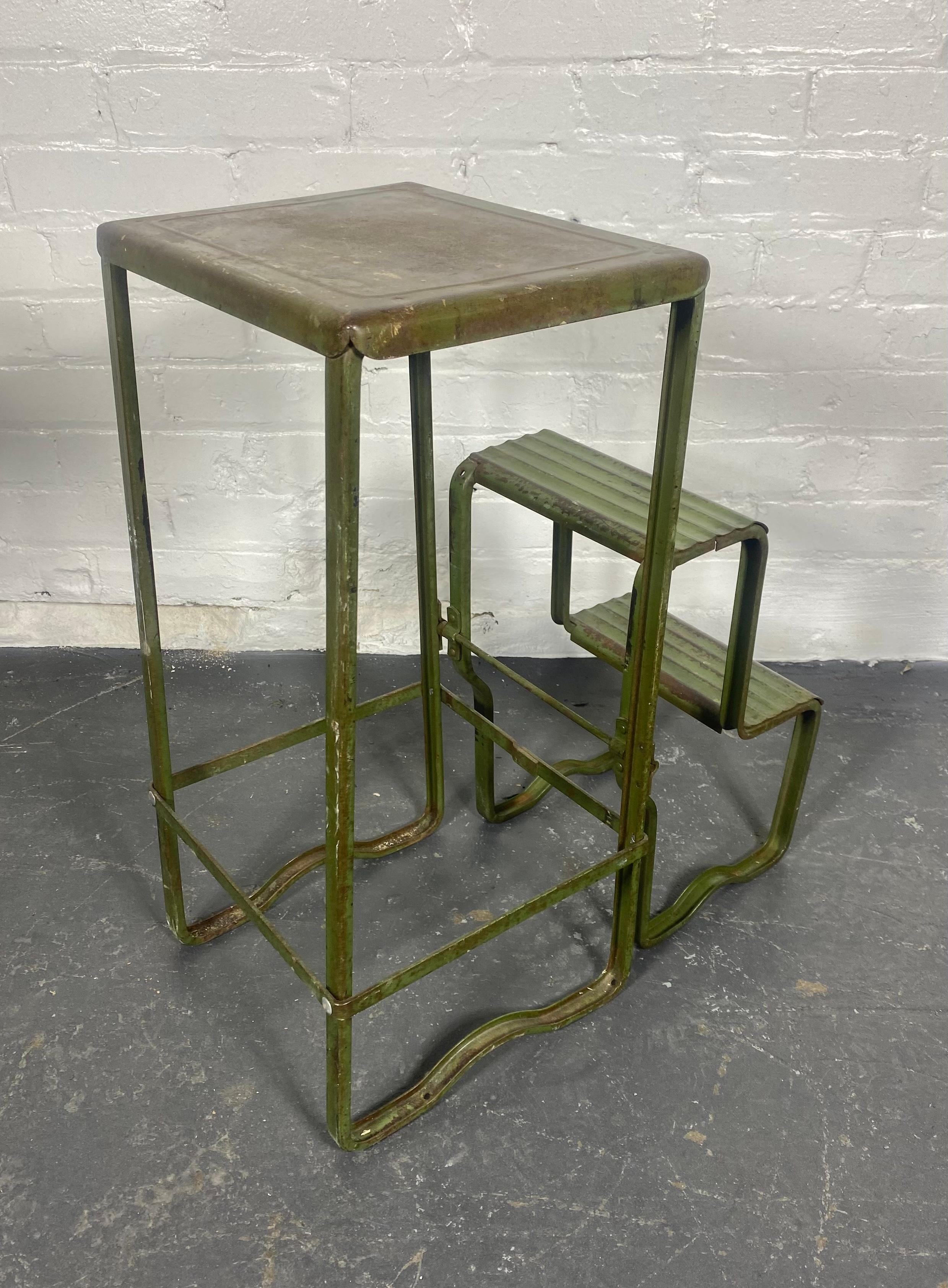 Mid-20th Century 1920s -30s Industrial Pressed steel step stool, wonderful patina , great design For Sale