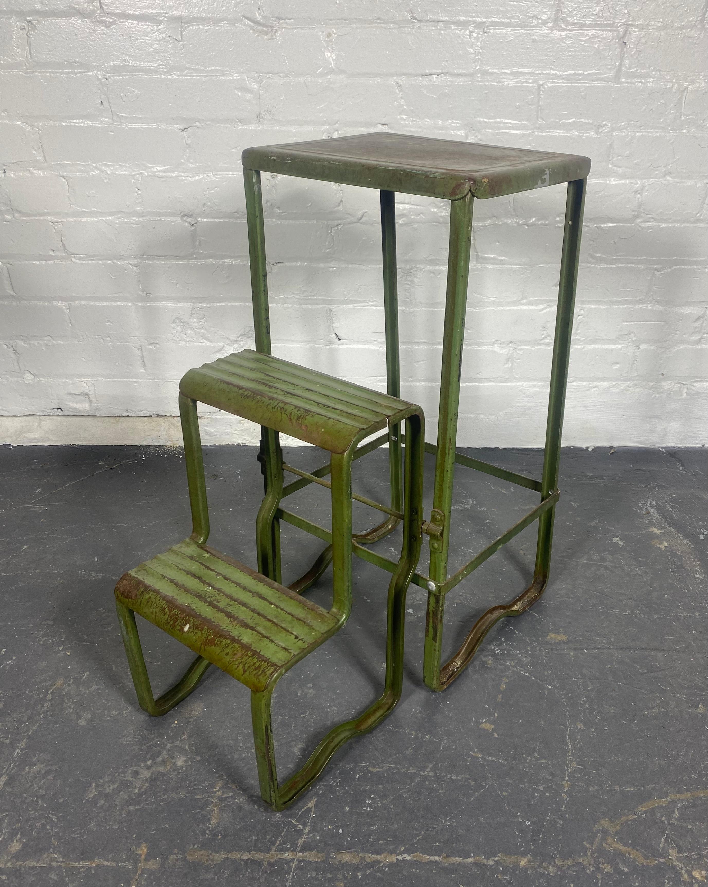 Steel 1920s -30s Industrial Pressed steel step stool, wonderful patina , great design For Sale