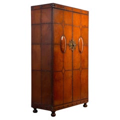 1920S–30S Spanish Leather Wardrobe With Studwork And Brass Lock
