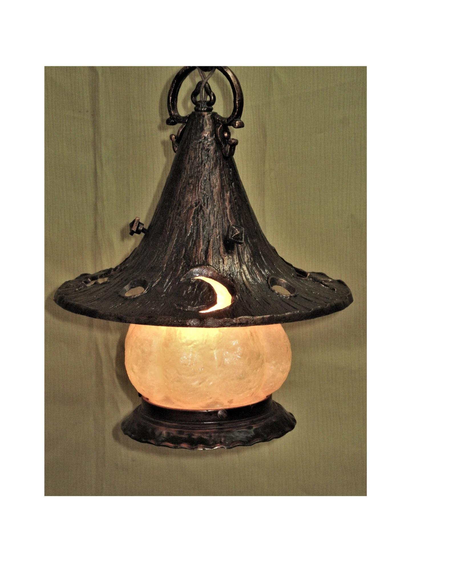 1920s / 30s Storybook Style Witches Hat Porch Light with Moon Sun & Stars In Good Condition In Prescott, US