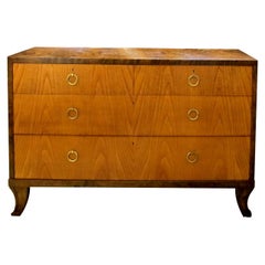 1920s/30s Swedish Chest of Drawers with Birch Veneers & Brass Handles