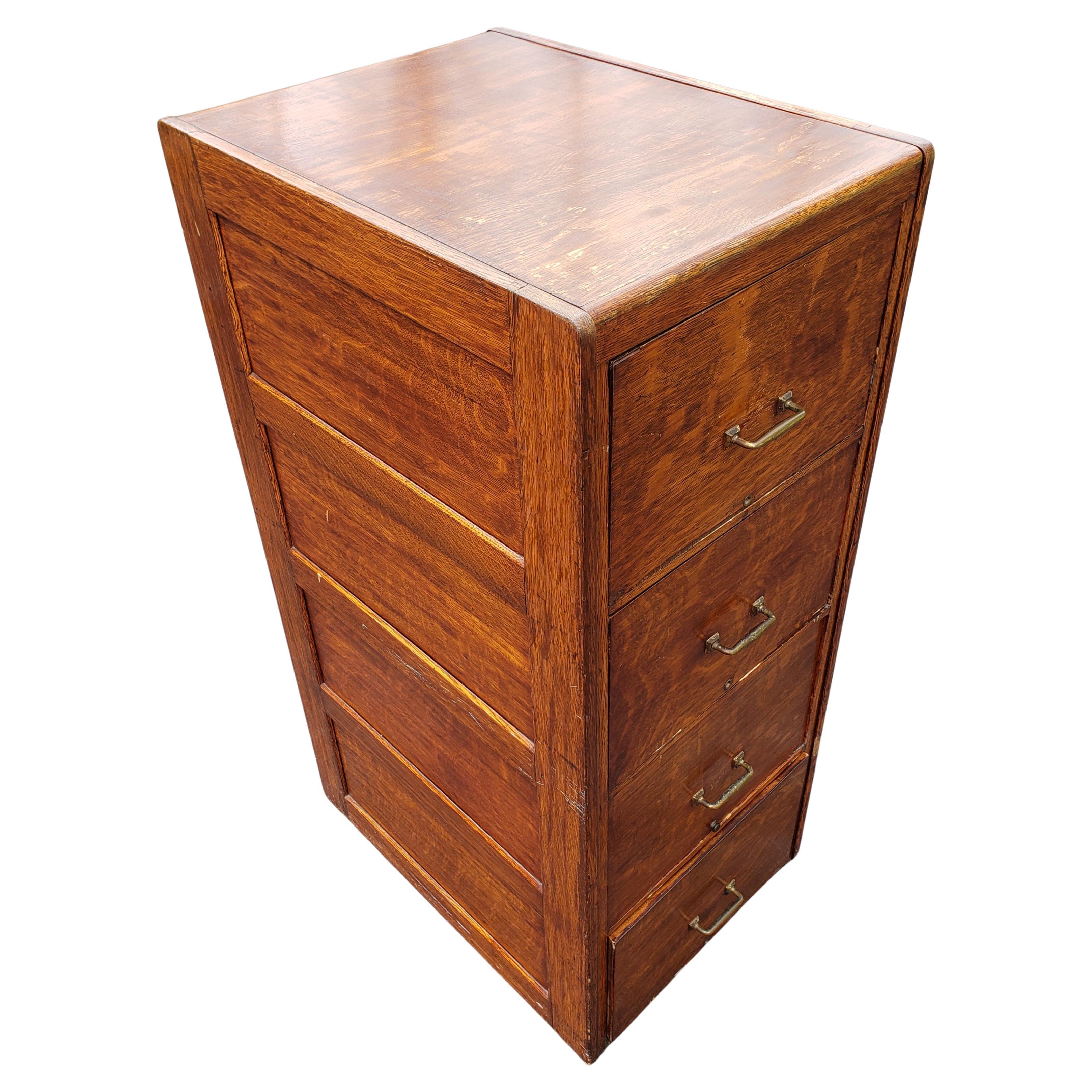 American Colonial 1920s 4-Drawer Solid Oak Filing Cabinet