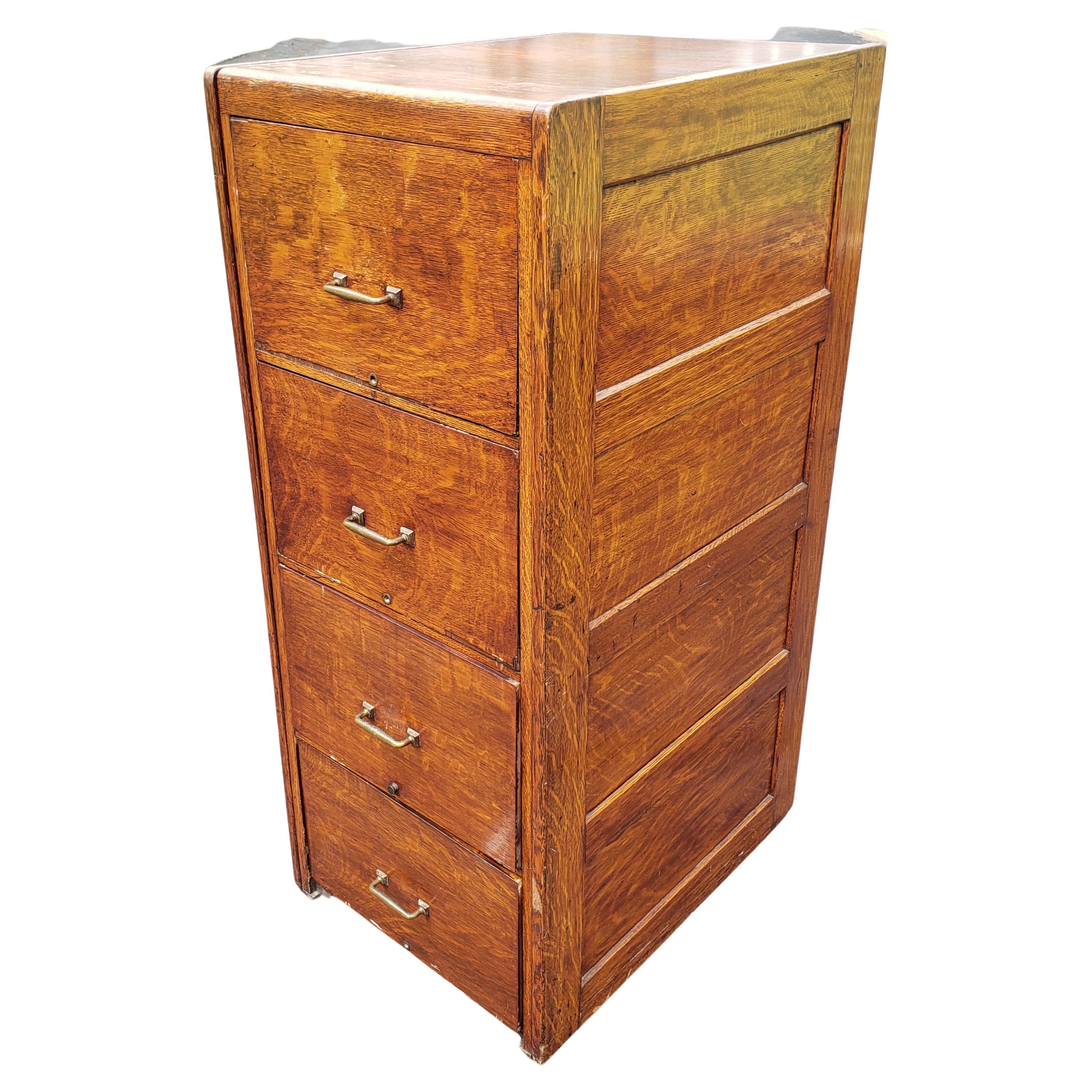 1920s 4-Drawer Solid Oak Filing Cabinet In Good Condition In Germantown, MD
