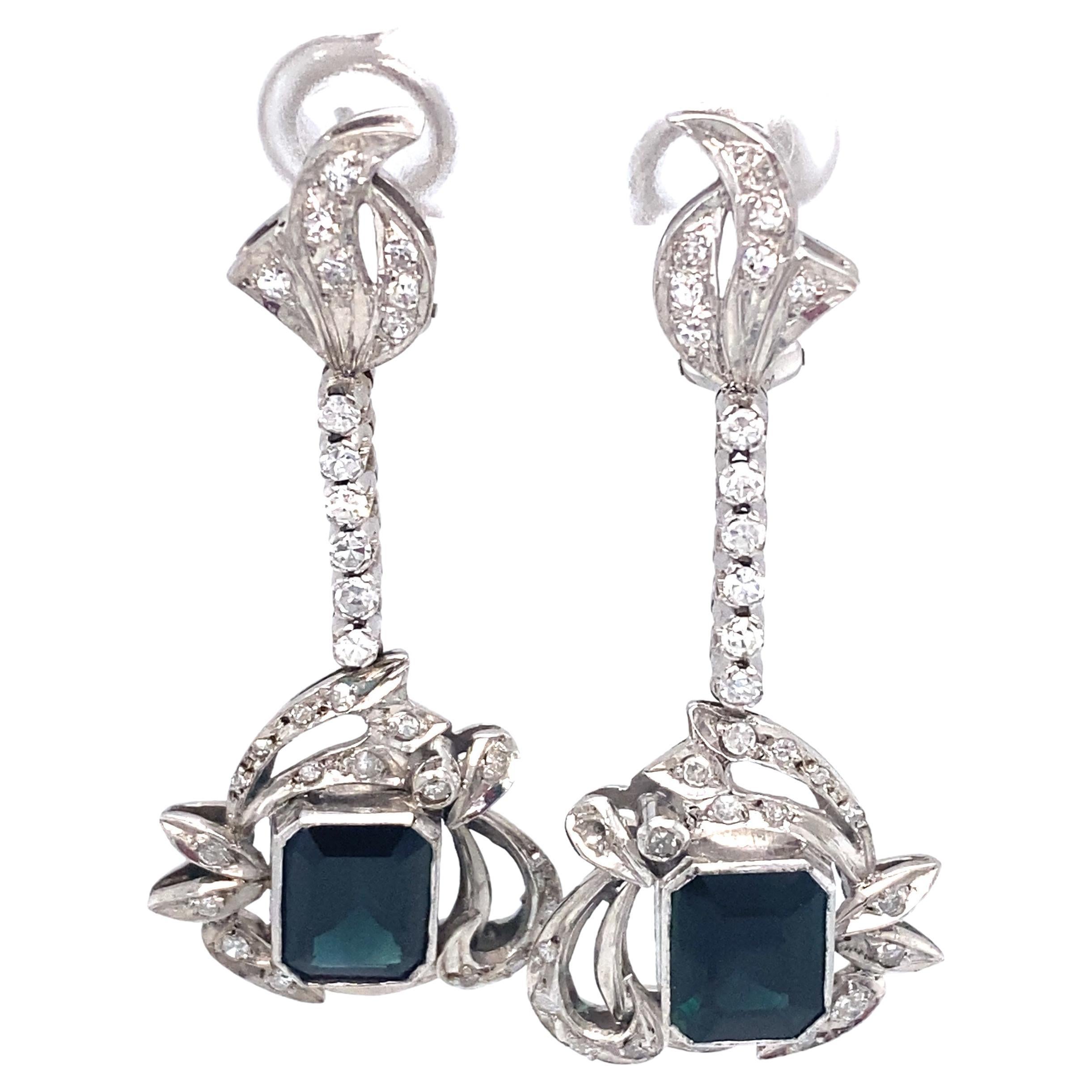 1920s 5 Carat Sapphire and 0.40 Carat Diamond Drop Earrings in 14 Karat Gold