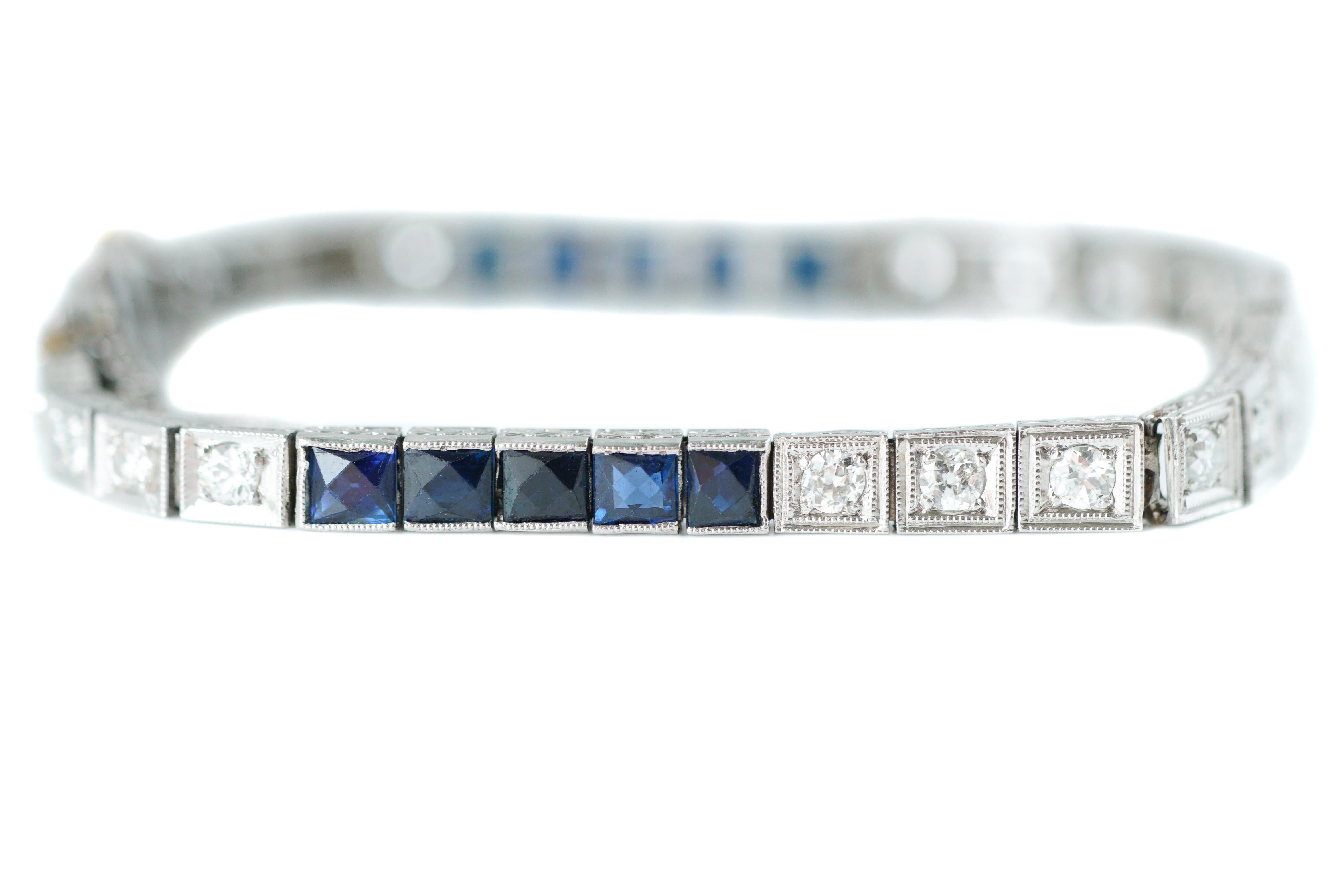 French Cut 1920s 5 Carat Sapphire and 2 Carat Diamond Platinum Bracelet