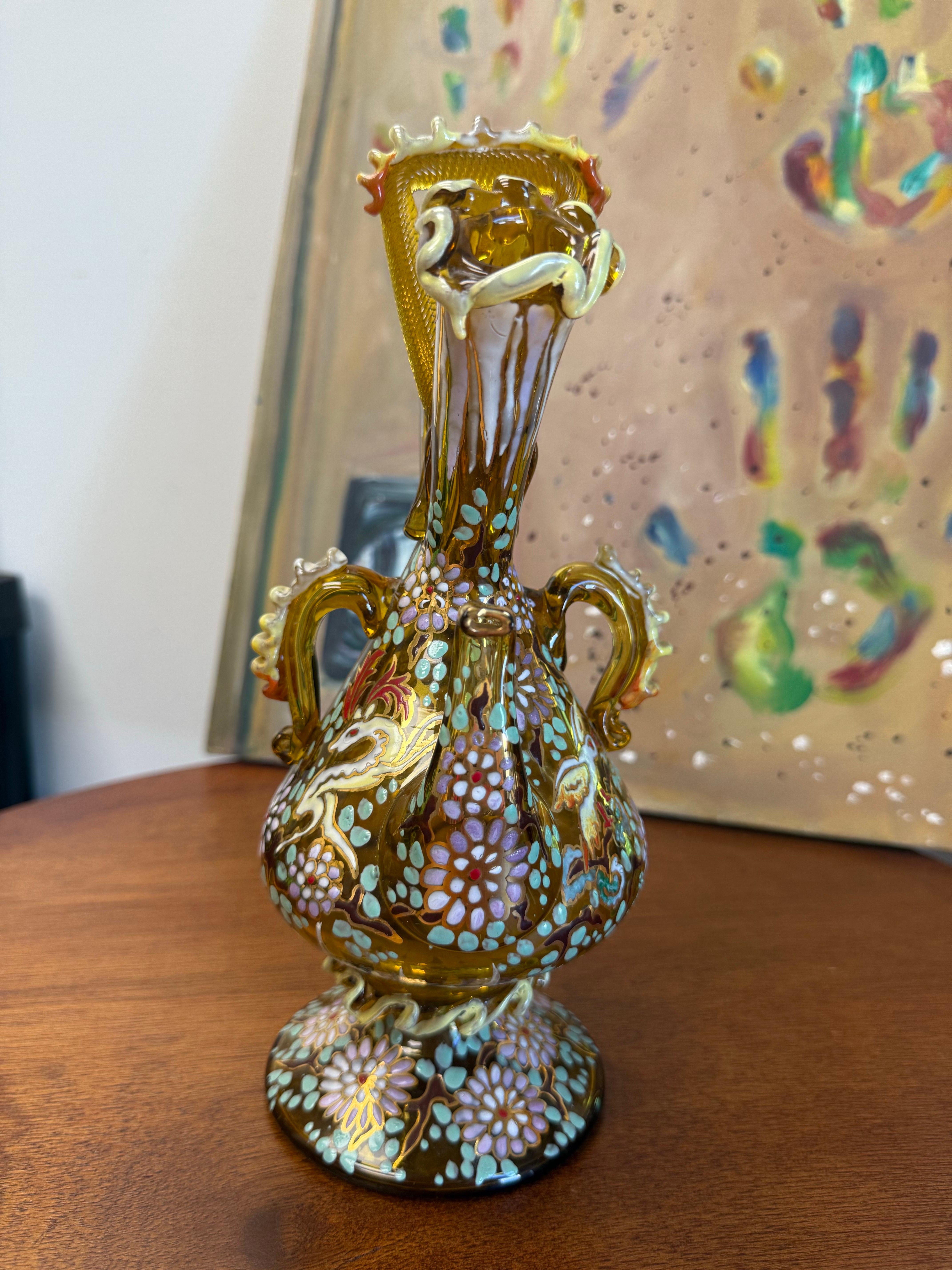1920's-50's Double Cruet Decanter Art Glass Enameled & Gilt, Spain

For your consideration is an amazing early to mid 20th century art glass wedding decanter or cruet
All mouth blown, hand molded and hand painted enameled glass, aka Moser style.  