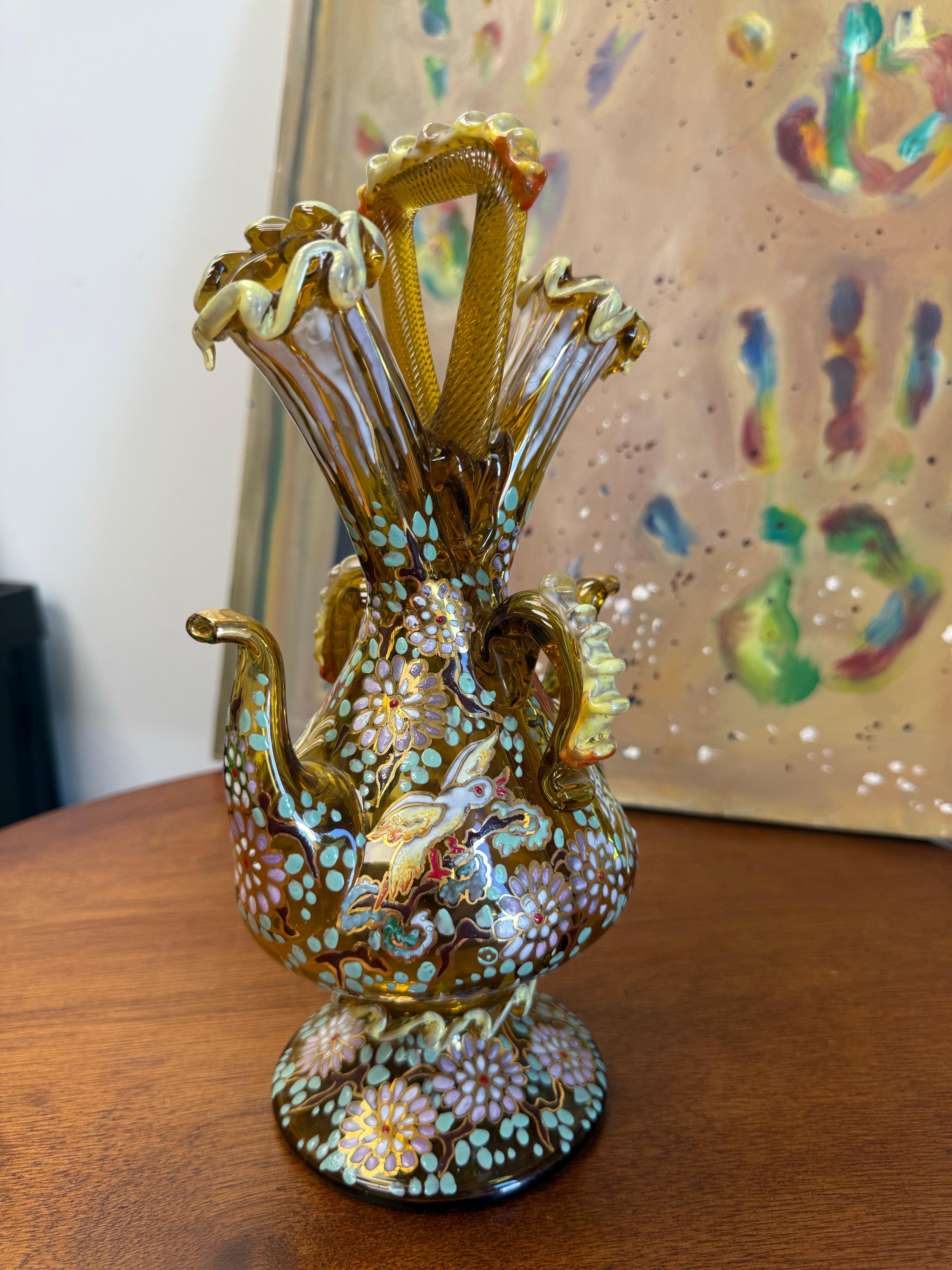 Bohemian 1920's-50's Double Cruet Decanter Art Glass Enameled & Gilt Genis Cirera Spain