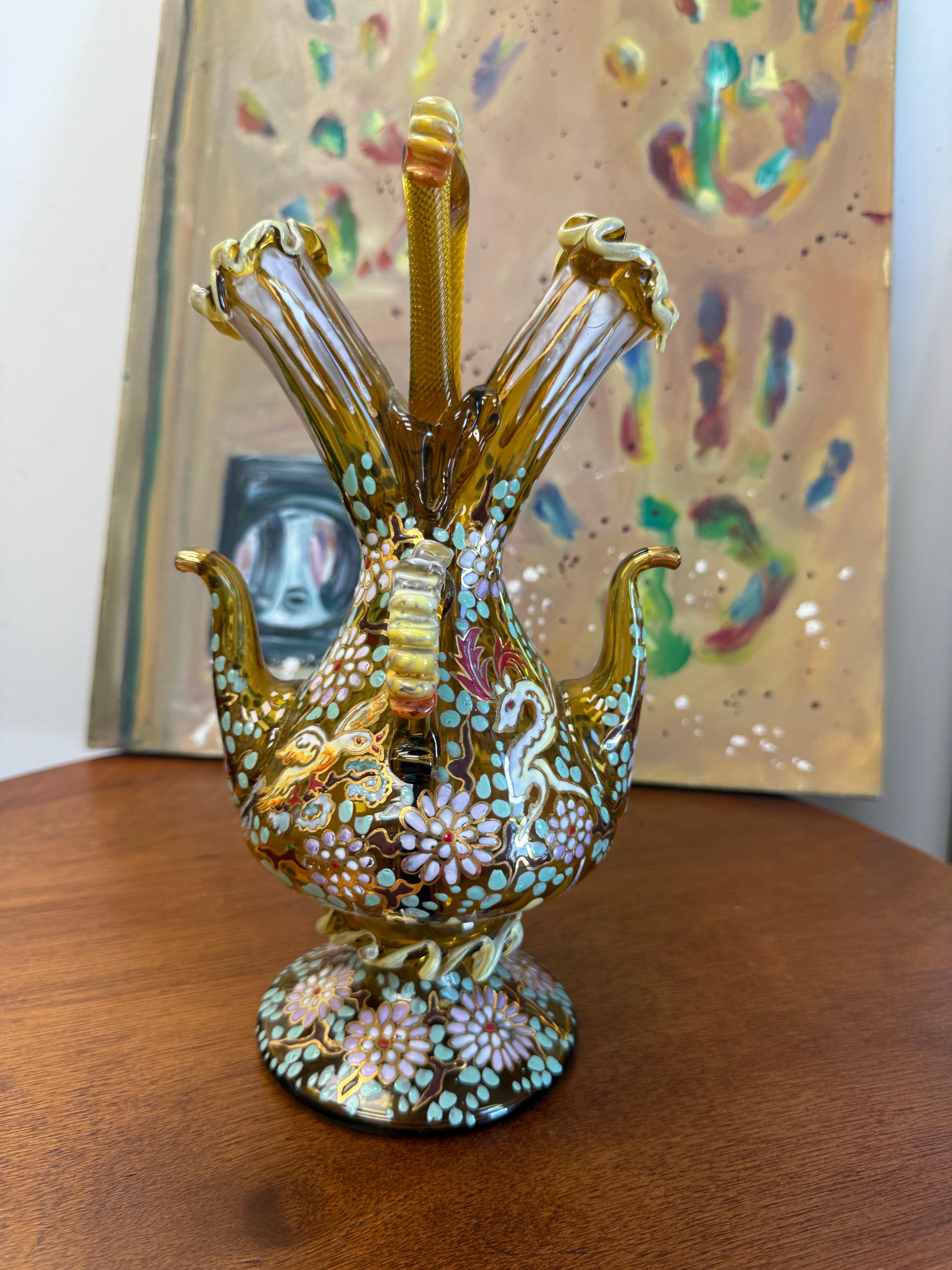 Spanish 1920's-50's Double Cruet Decanter Art Glass Enameled & Gilt Genis Cirera Spain