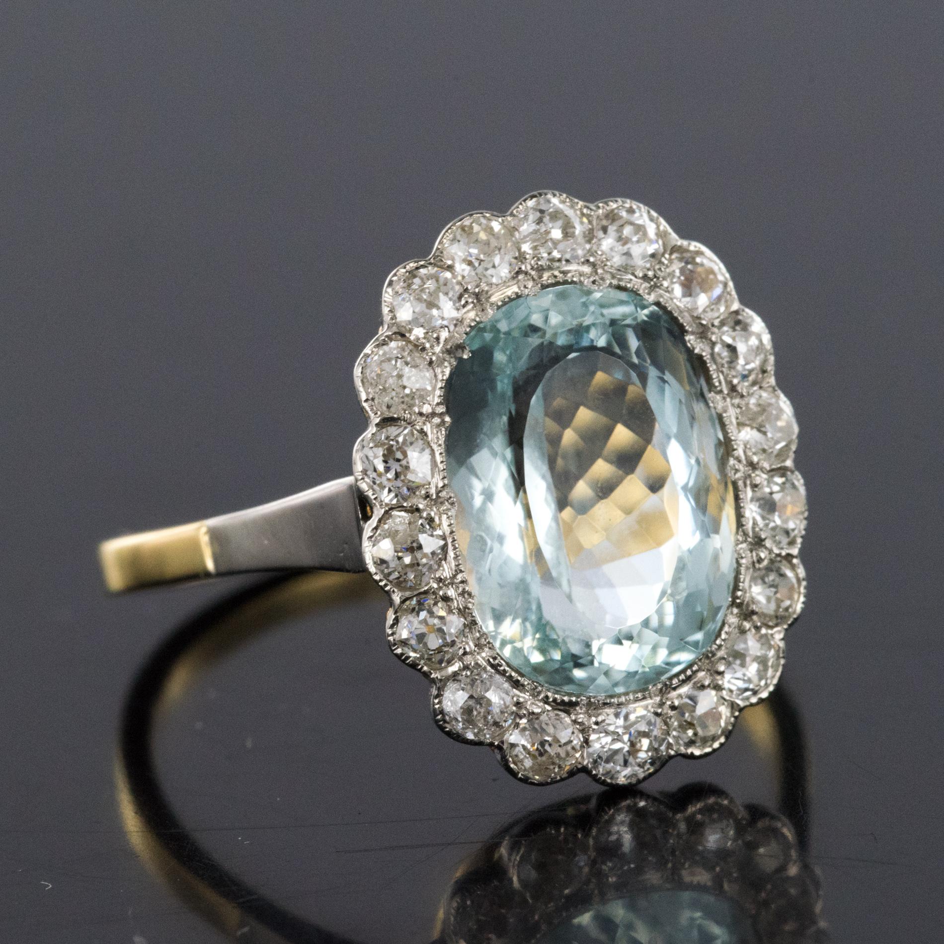 1920s 5.19 Carats Aquamarine Diamond Platinum Yellow Gold Pompadour Ring 7