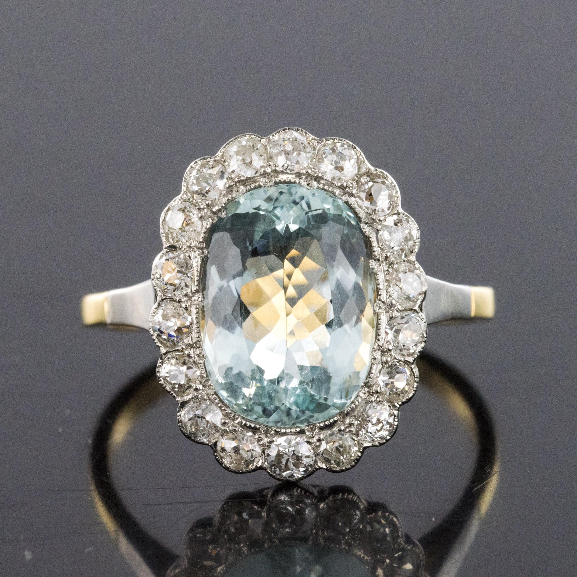 1920s 5.19 Carats Aquamarine Diamond Platinum Yellow Gold Pompadour Ring 8