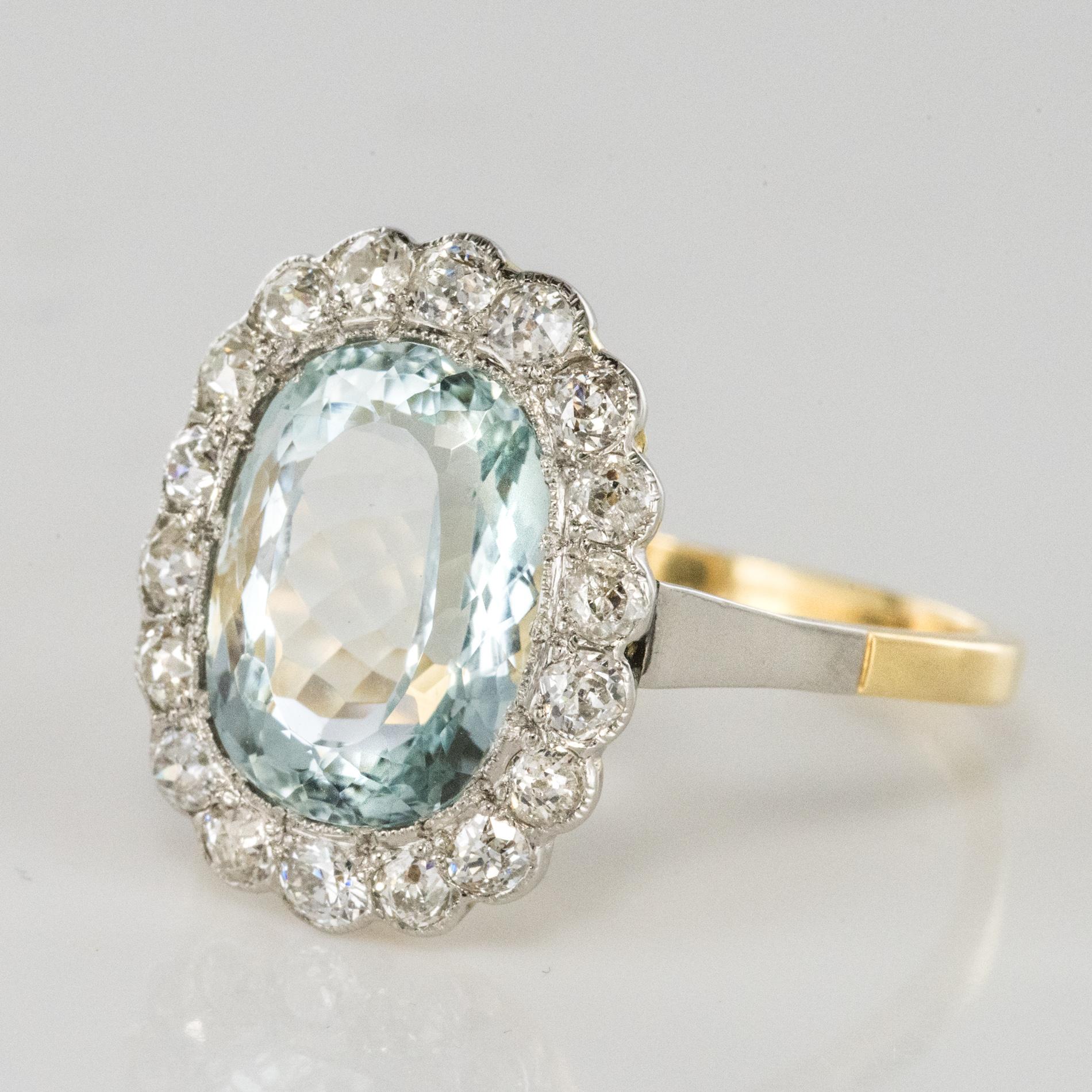 Art Deco 1920s 5.19 Carats Aquamarine Diamond Platinum Yellow Gold Pompadour Ring