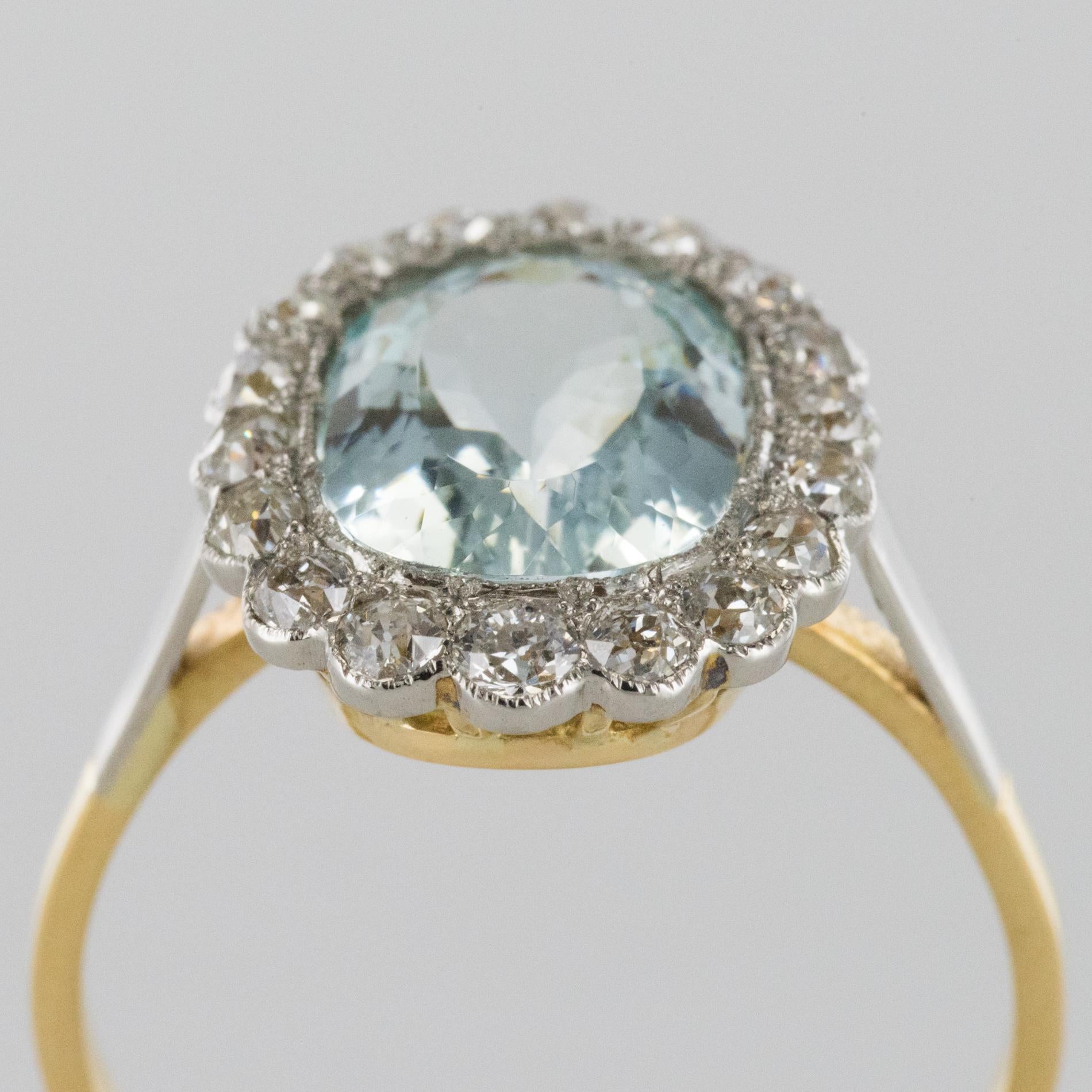 1920s 5.19 Carats Aquamarine Diamond Platinum Yellow Gold Pompadour Ring In Excellent Condition In Poitiers, FR