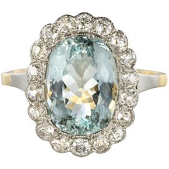 1920s 5.19 Carats Aquamarine Diamond Platinum Yellow Gold Pompadour Ring