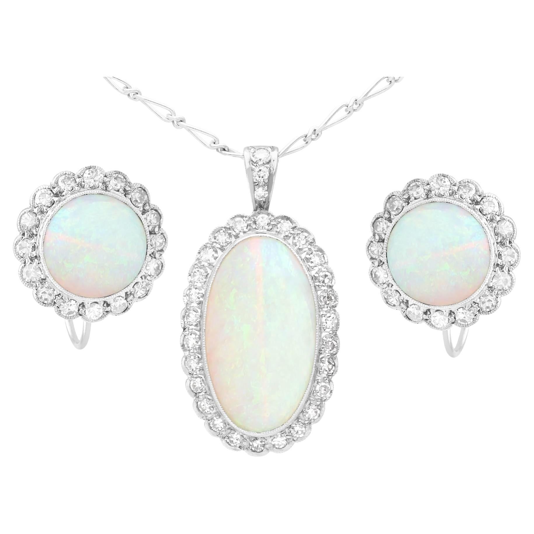1920s 8.18 Carat Opal and Diamond Earring and Pendant Set For Sale
