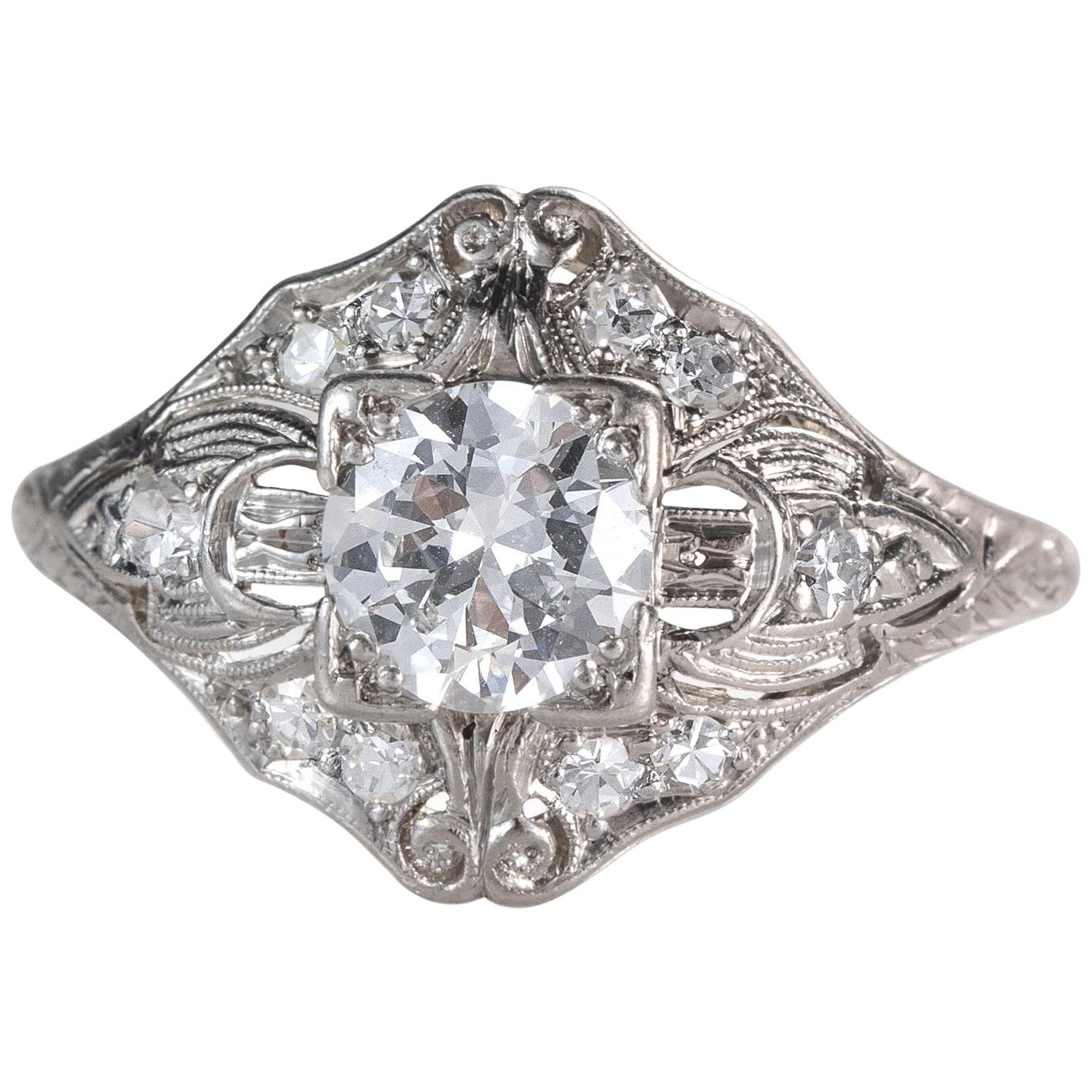 1920s .98 Carat Total Old European Diamond Platinum Engagement Ring For Sale