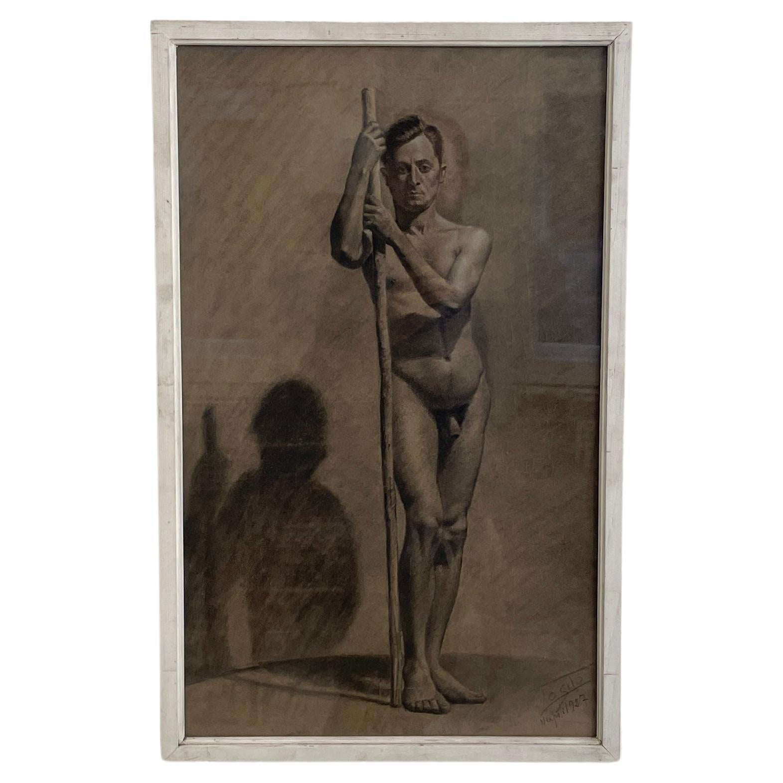 1920s Academic Study Drawing of a Male Nude Model by Luigi Lobito, Italy 1927 For Sale