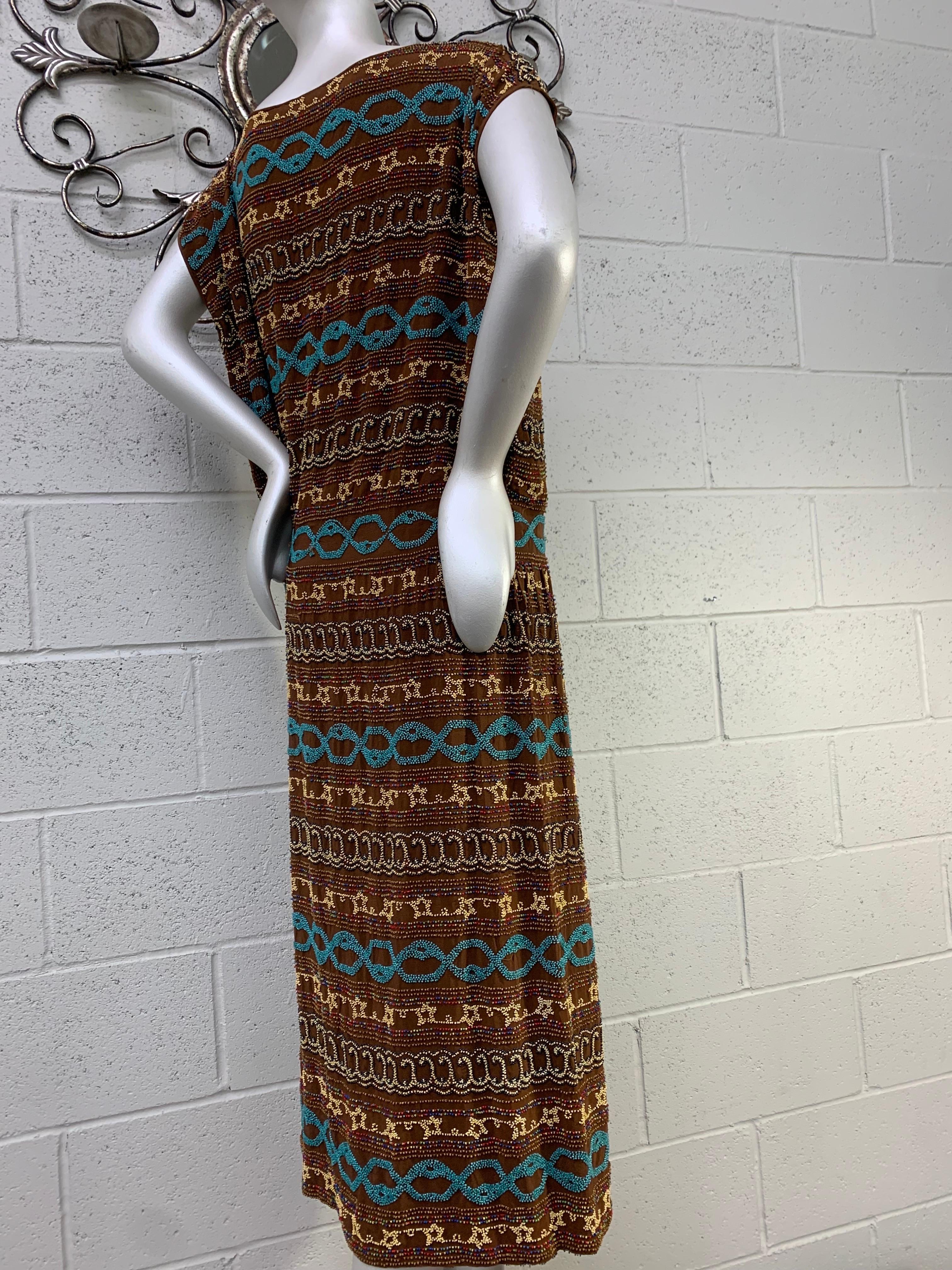 1920s Adair - France Bohemian Brown Silk Beaded Bohemian Tunic Dress For Sale 5