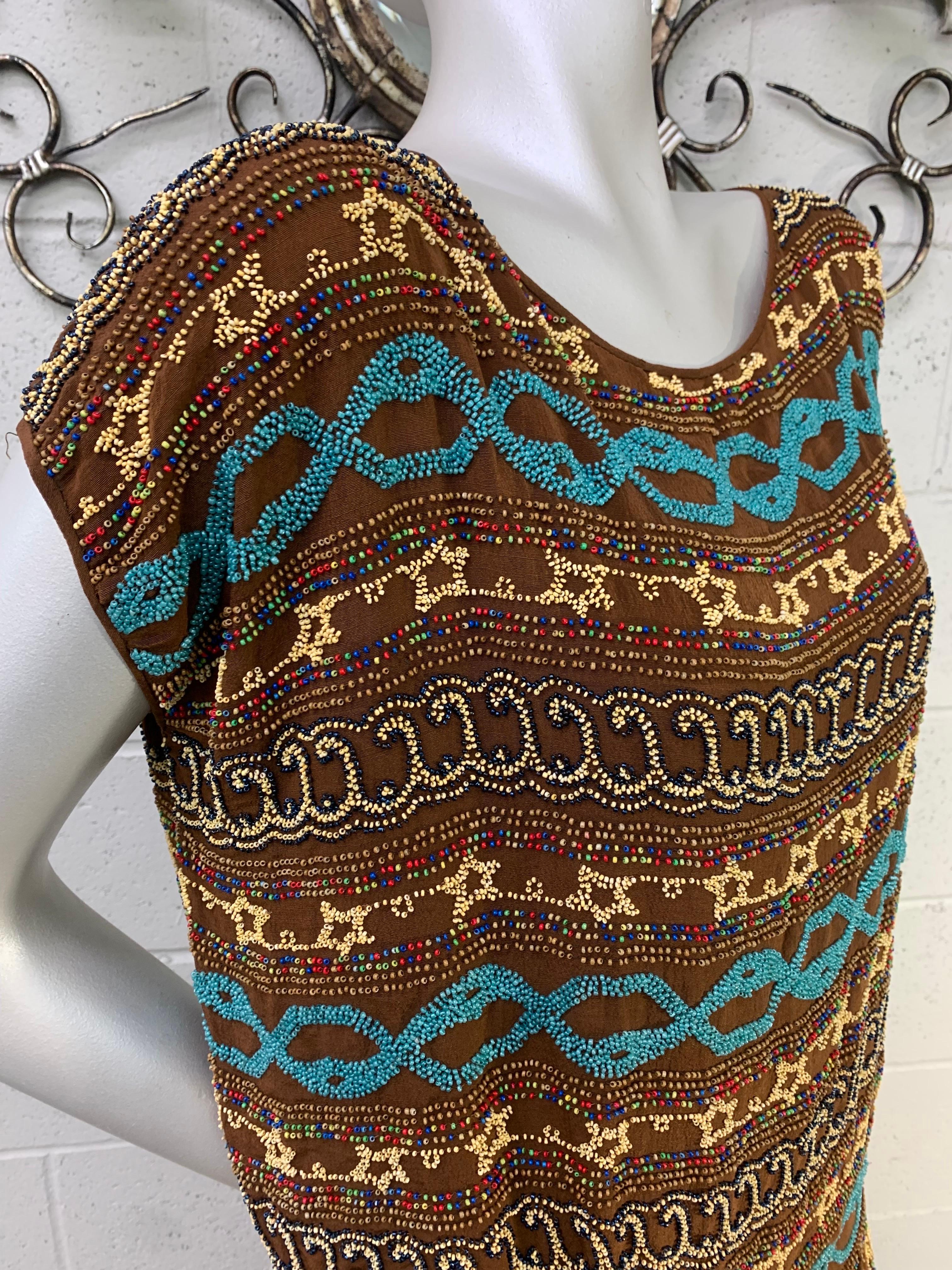 1920s Adair - France Bohemian Brown Silk Beaded Bohemian Tunic Dress For Sale 8