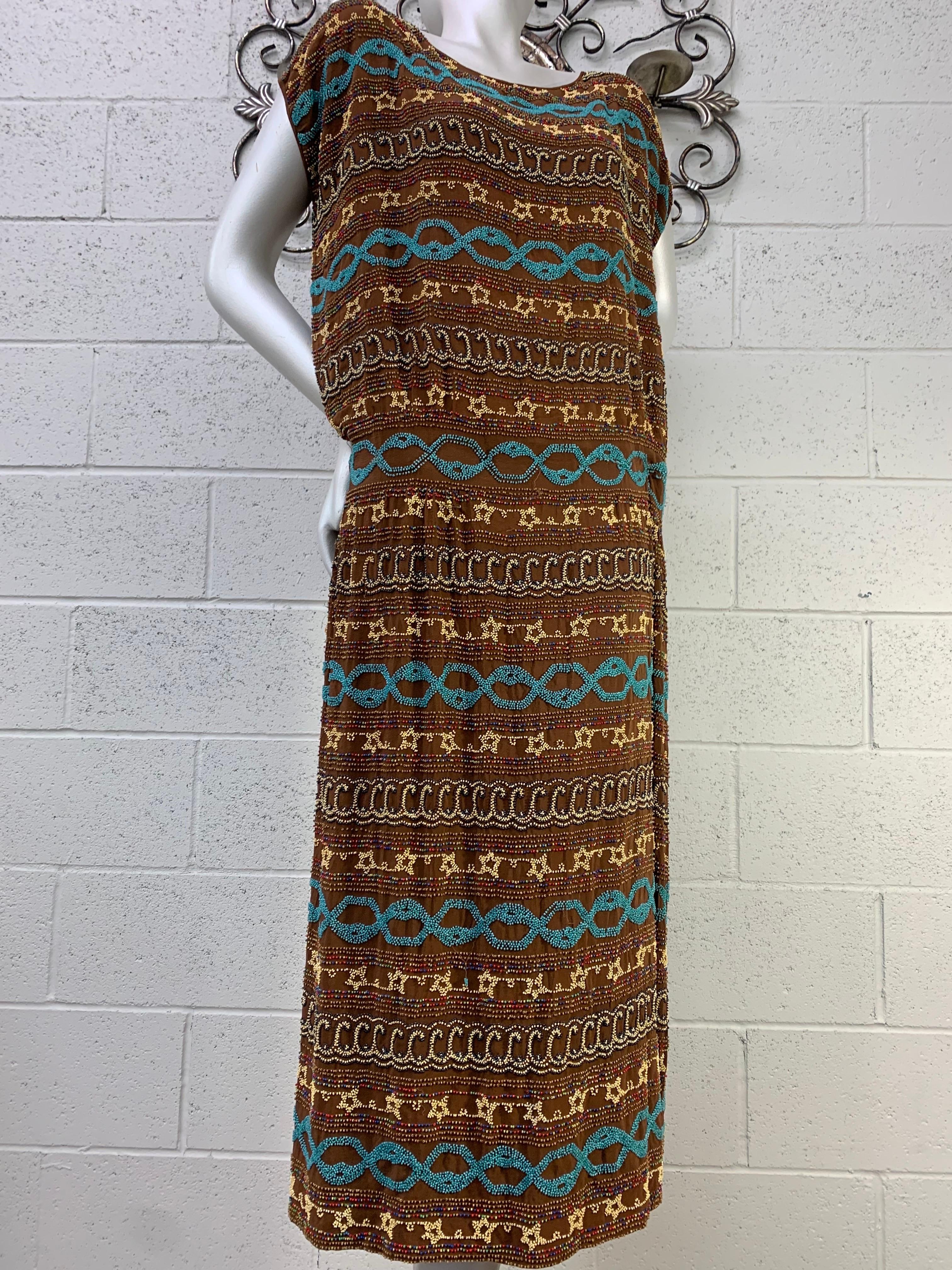 1920s Adair - France Bohemian Brown Silk Beaded Bohemian Tunic Dress In Good Condition For Sale In Gresham, OR
