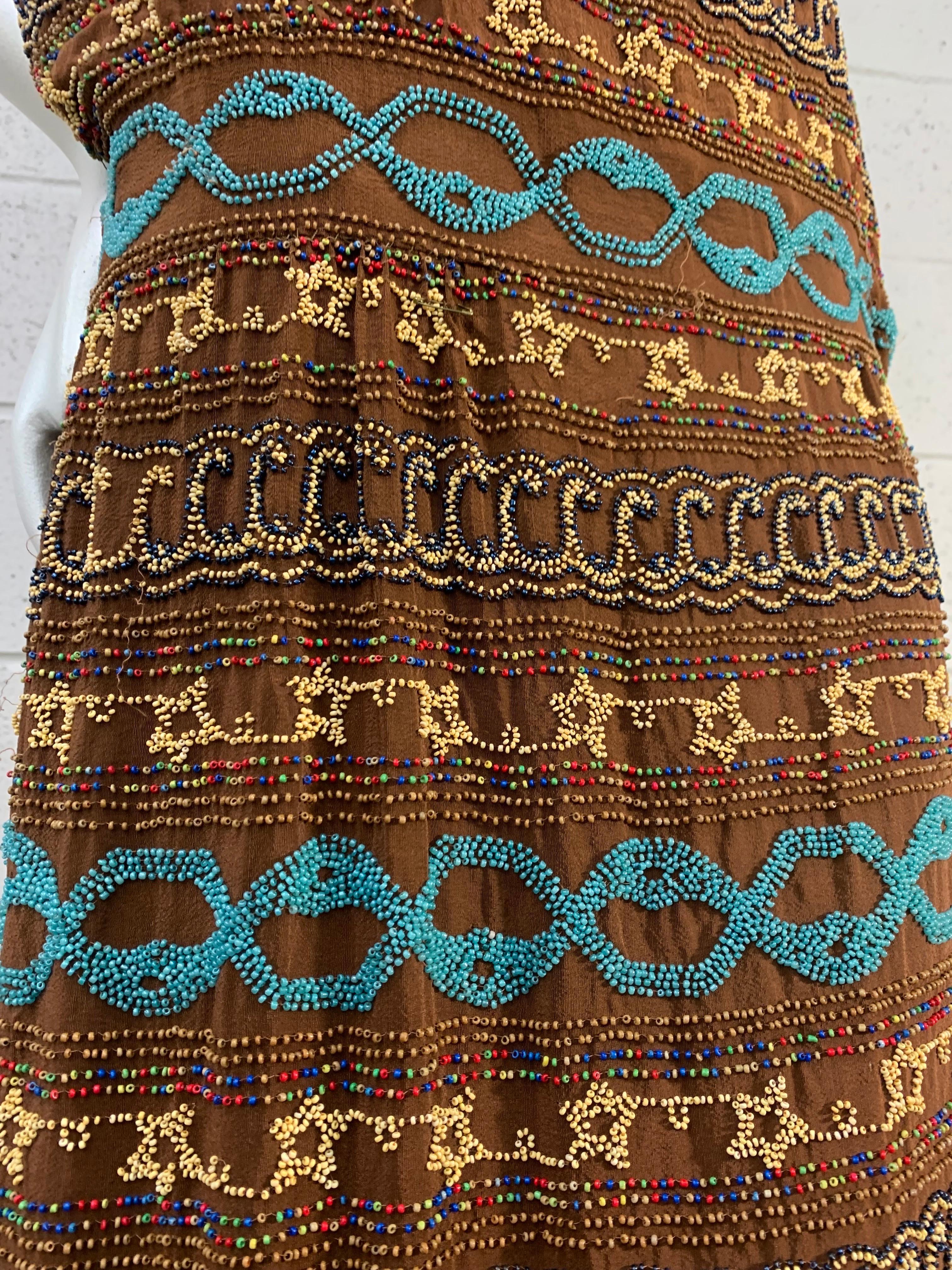 1920s Adair - France Bohemian Brown Silk Beaded Bohemian Tunic Dress For Sale 1