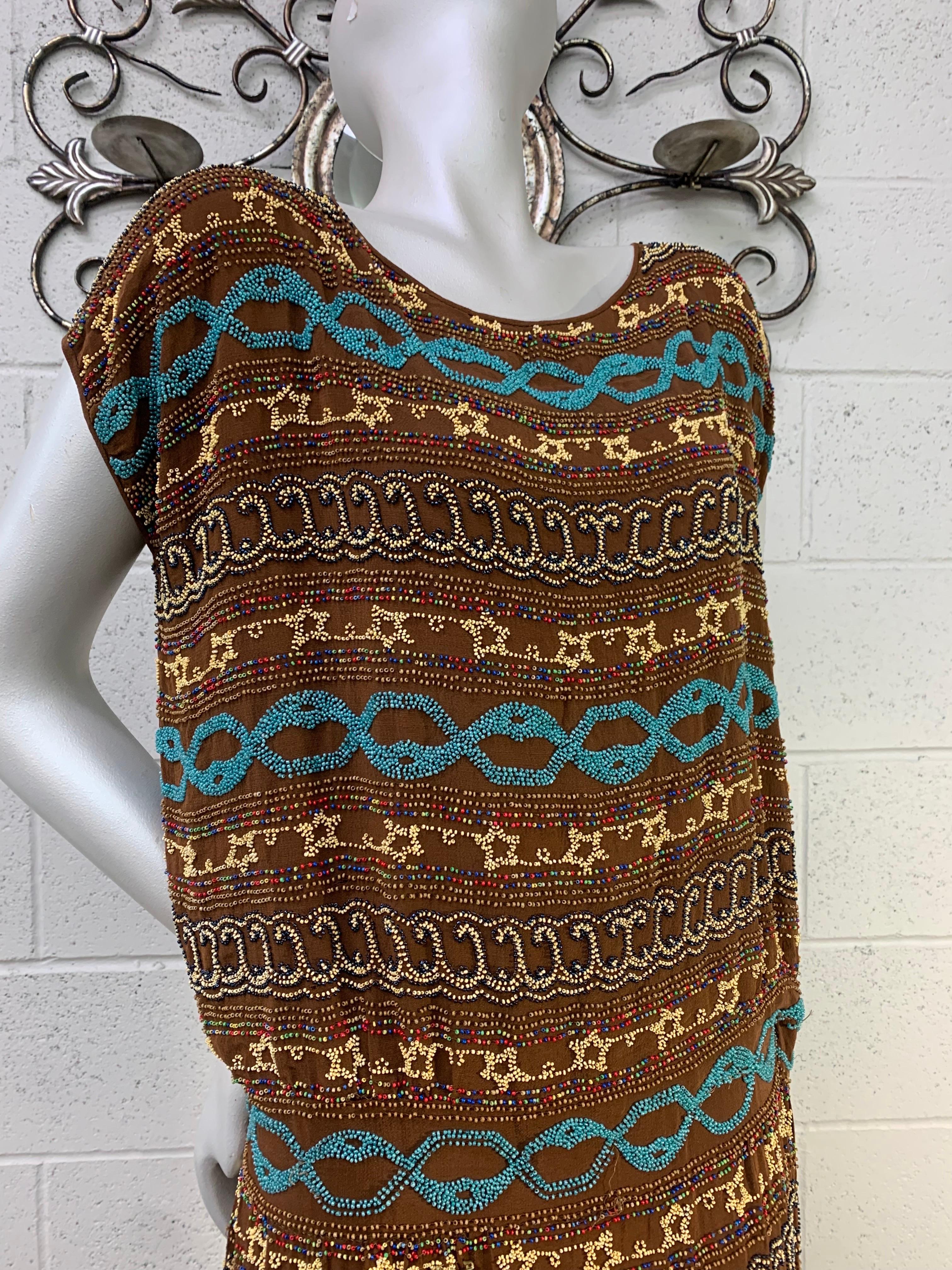 1920s Adair - France Bohemian Brown Silk Beaded Bohemian Tunic Dress For Sale 3