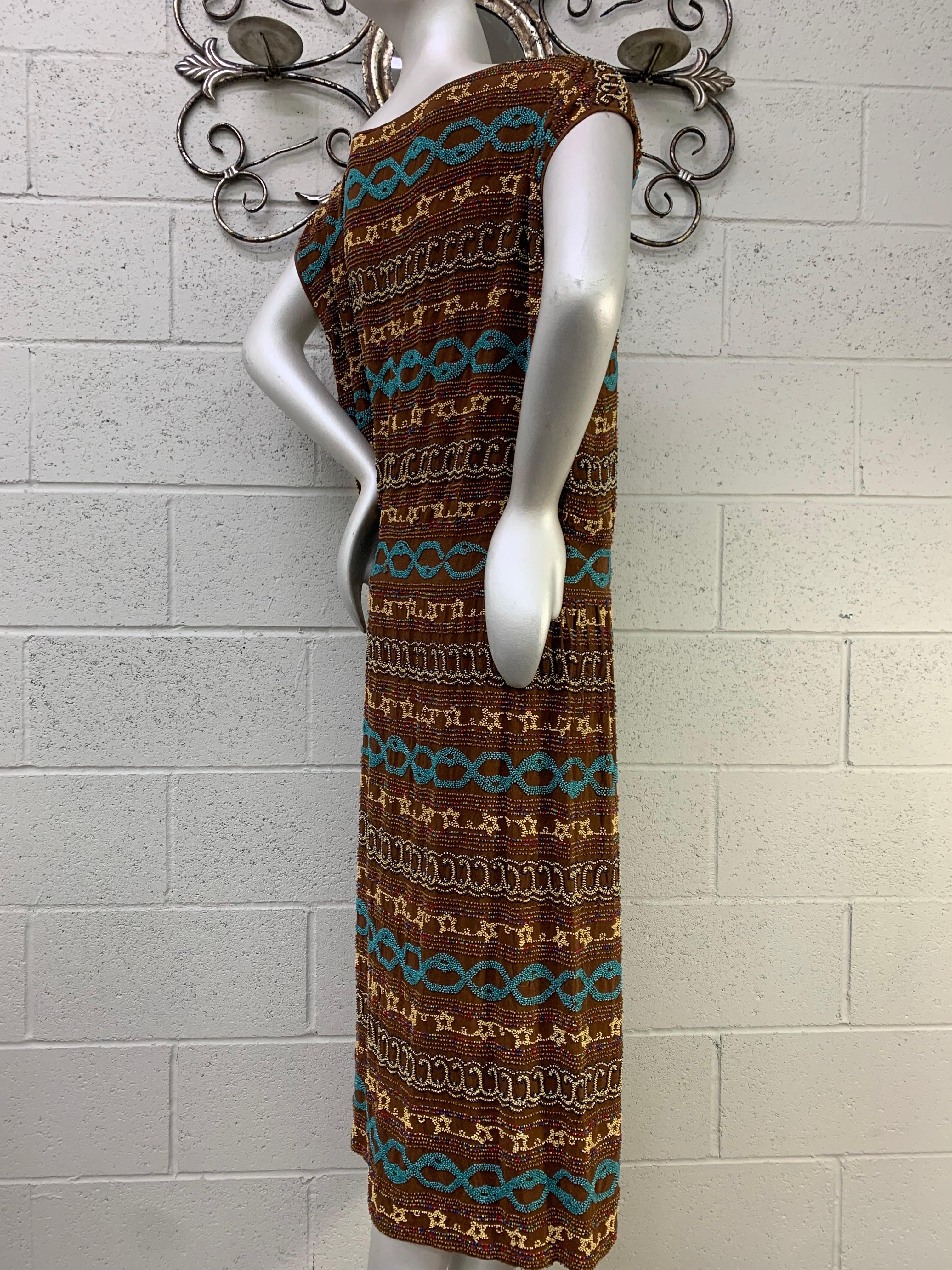 1920s Adair - France Bohemian Brown Silk Beaded Bohemian Tunic Dress For Sale 4