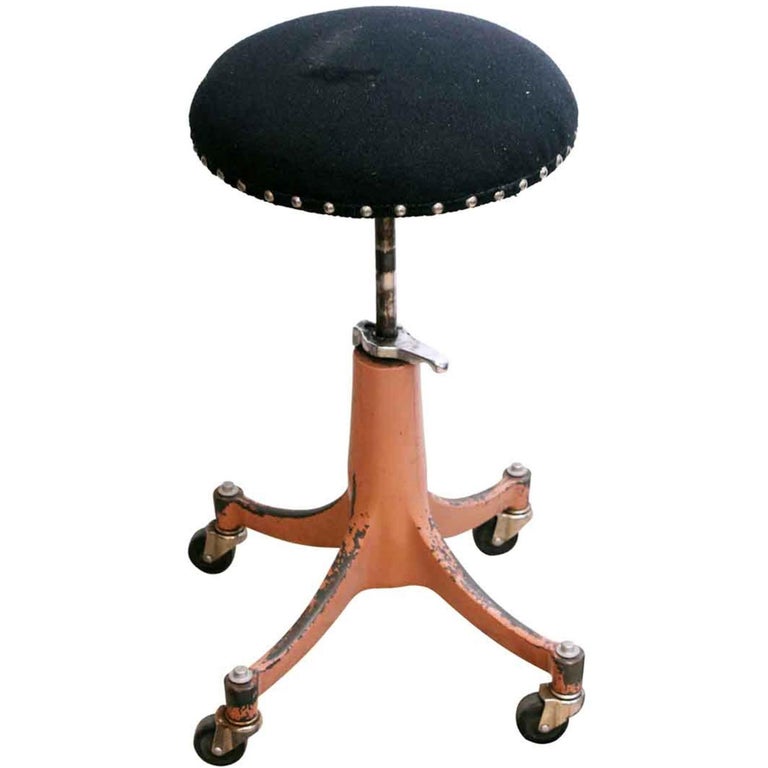1920s Adjustable Bausch and Lomb Doctor's Stool with Wheels and a Pink