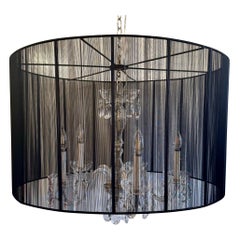 1920s all crystal chandelier inside black silk string shade
