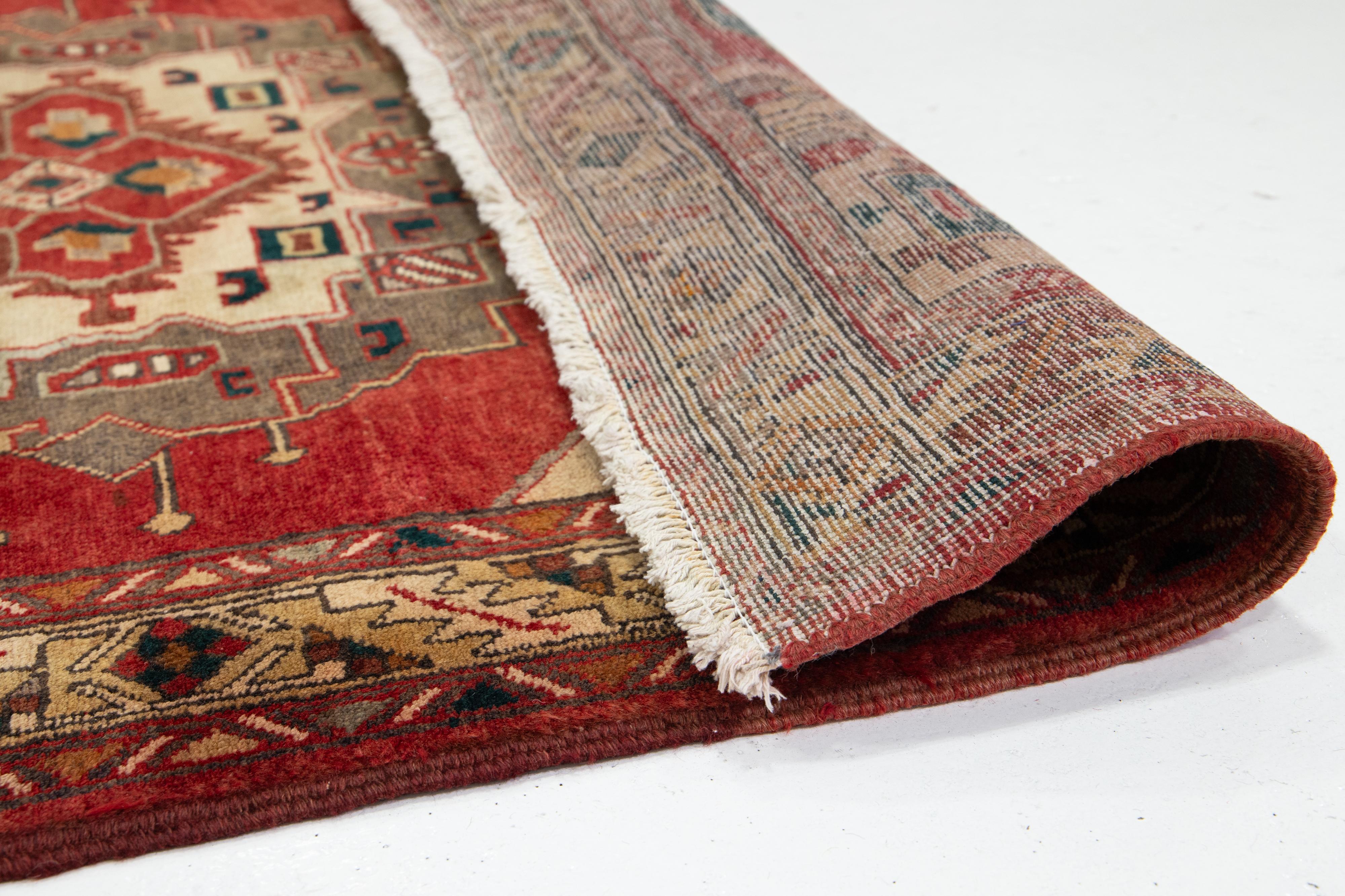 Heriz Serapi 1940's Allover Designed Antique Heriz Wool Runner In Red For Sale