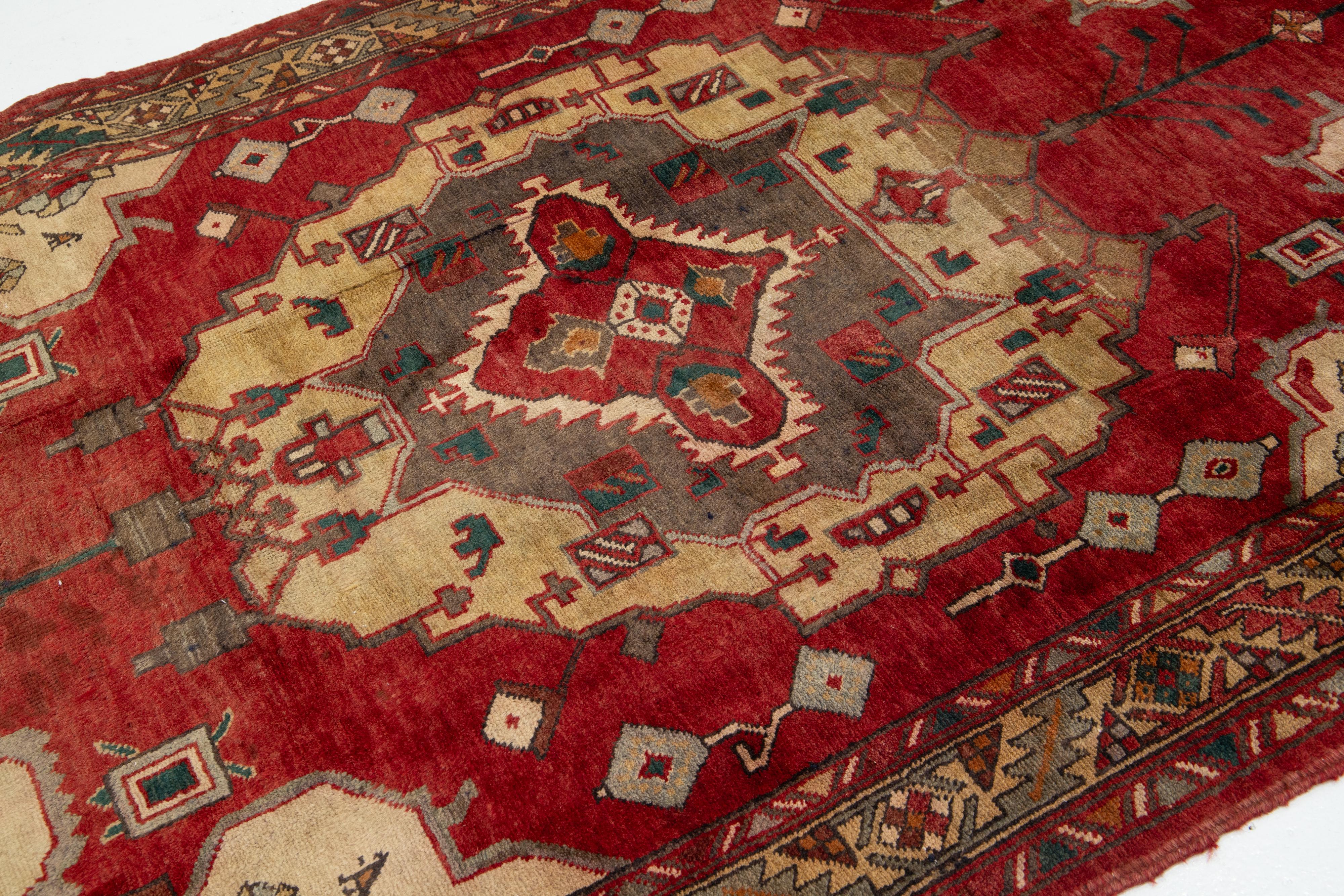 Hand-Knotted 1940's Allover Designed Antique Heriz Wool Runner In Red For Sale
