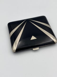 Etui à cigarettes Alpacca Art Déco 1920, émail noir géométrique "German Silver".